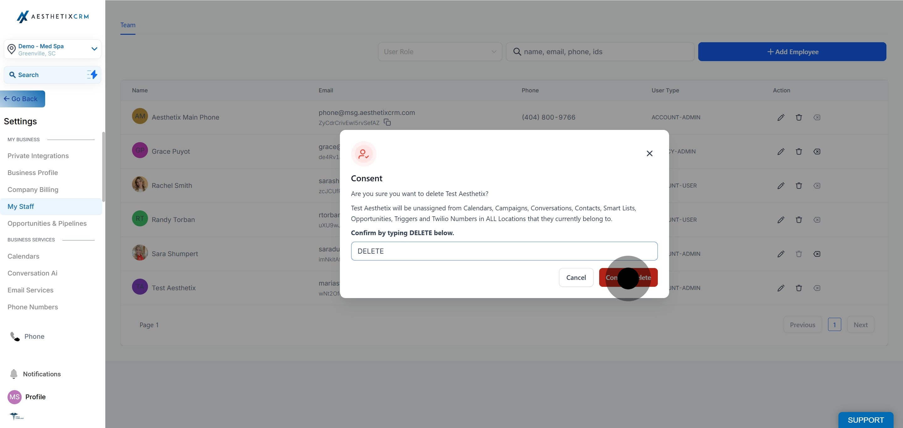 5 Click on "Confirm Delete".