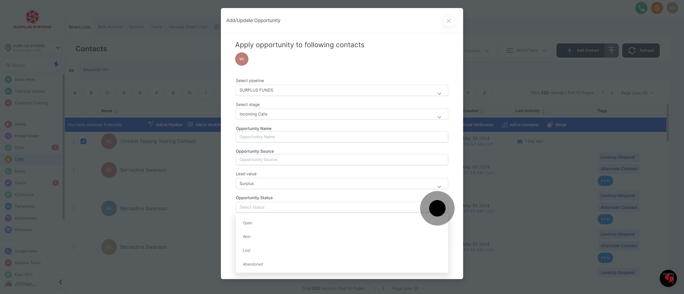 9 Click on "Apply opportunity to following contacts".