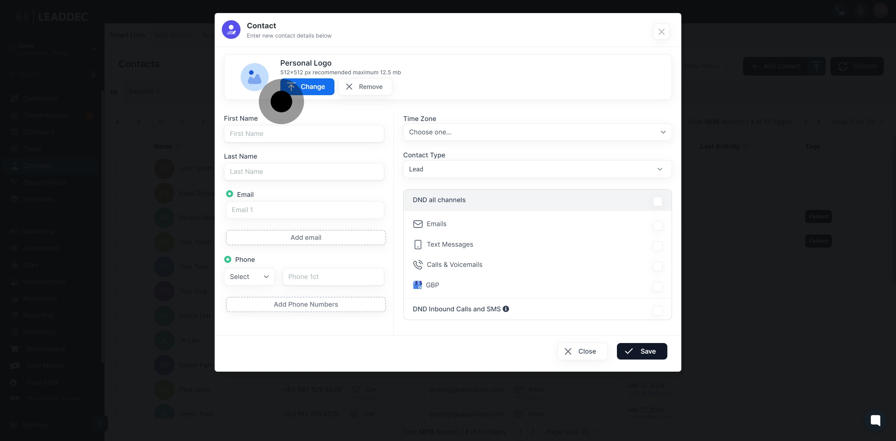 9 Click on "Contact Type".