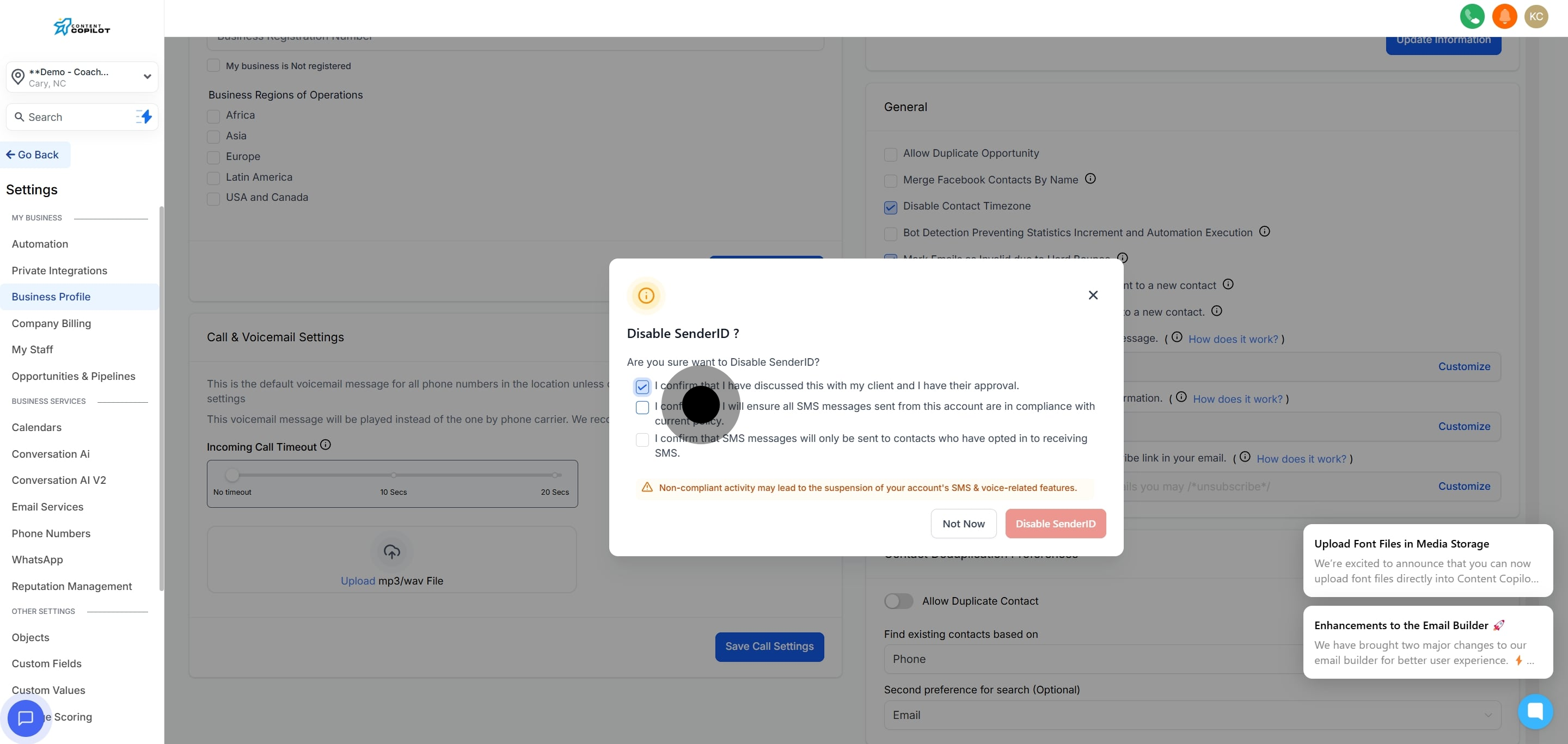 6 Click on "I confirm that I will ensure all SMS messages sent from this...".