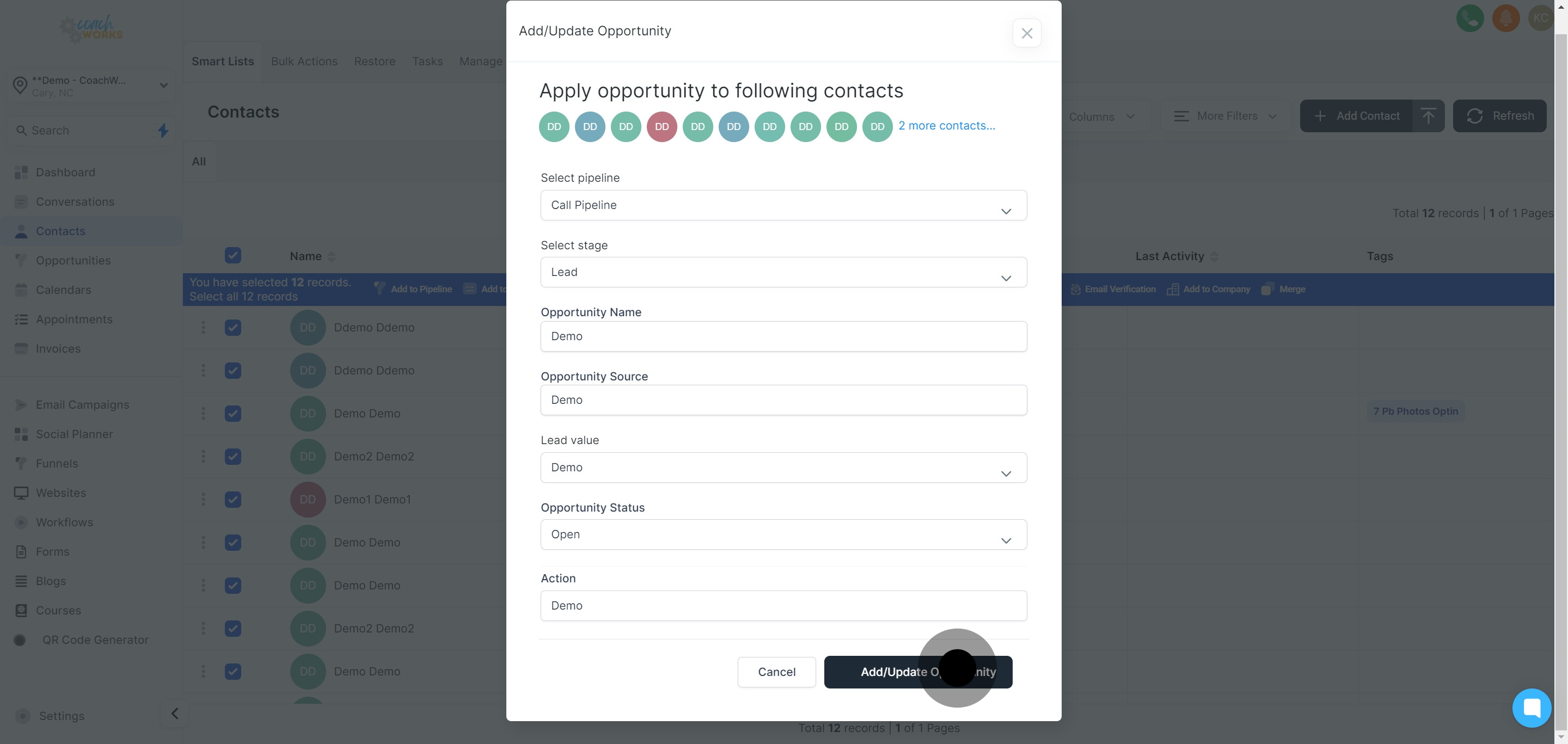 13 Click on "Add/Update Opportunity".