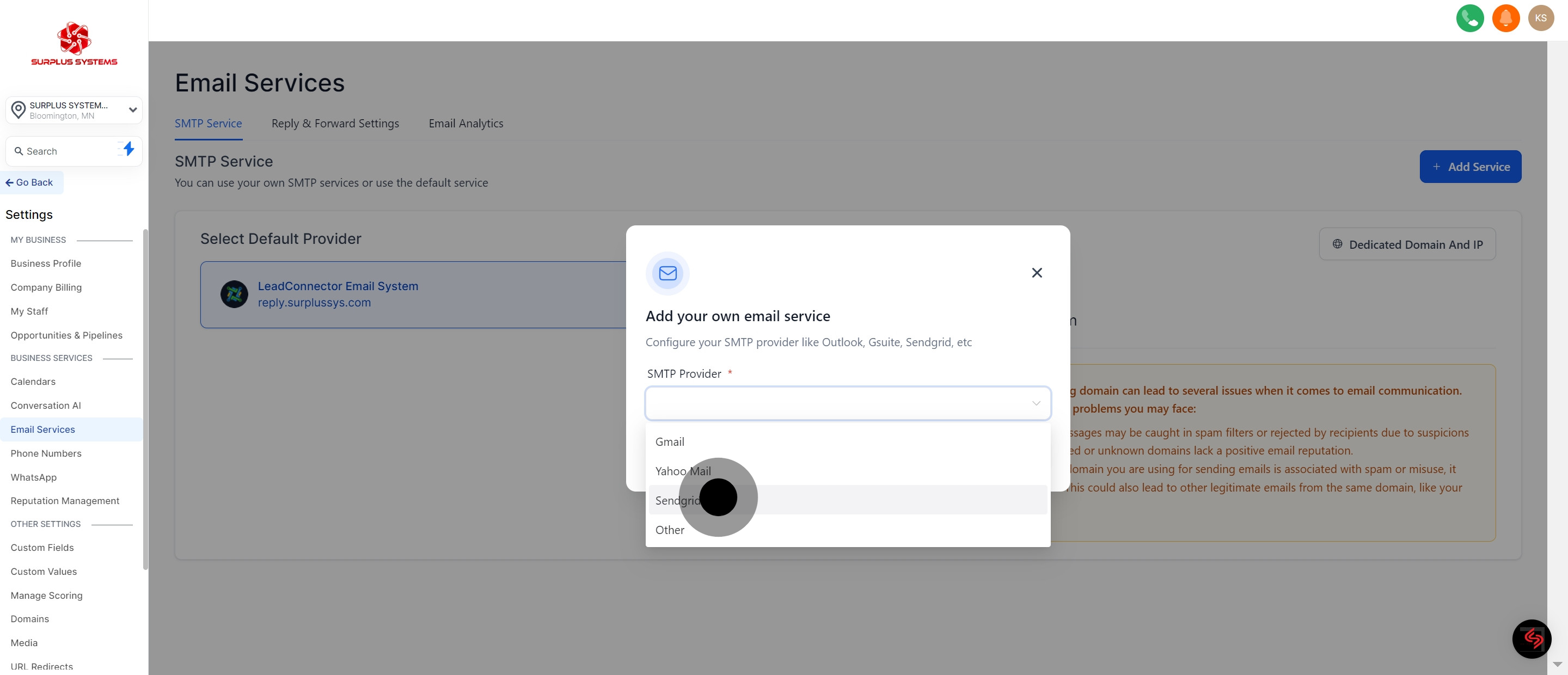 4 Click on "Sendgrid".