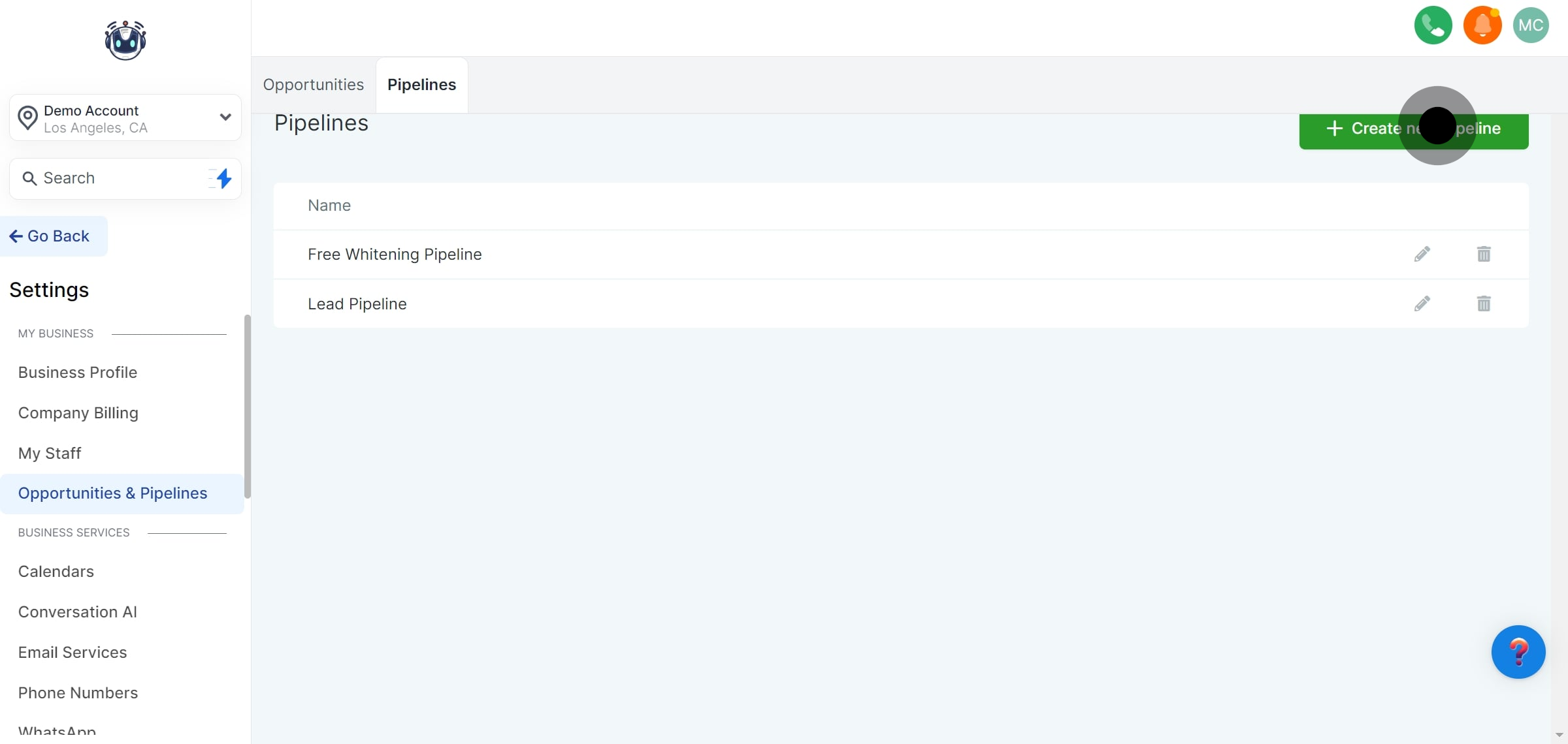 4 Click on "Create new pipeline".
