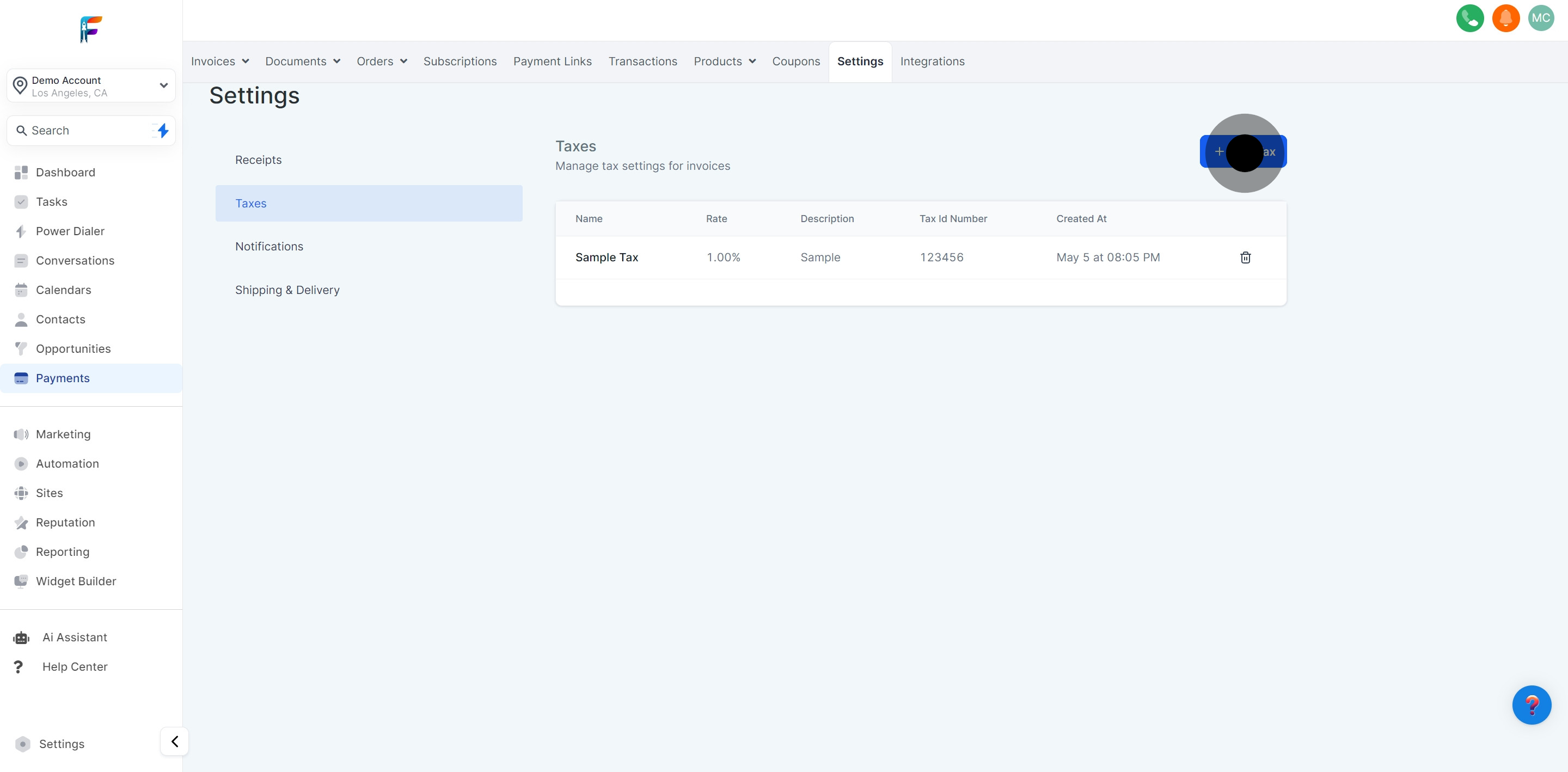 11 Click on "Add Tax".