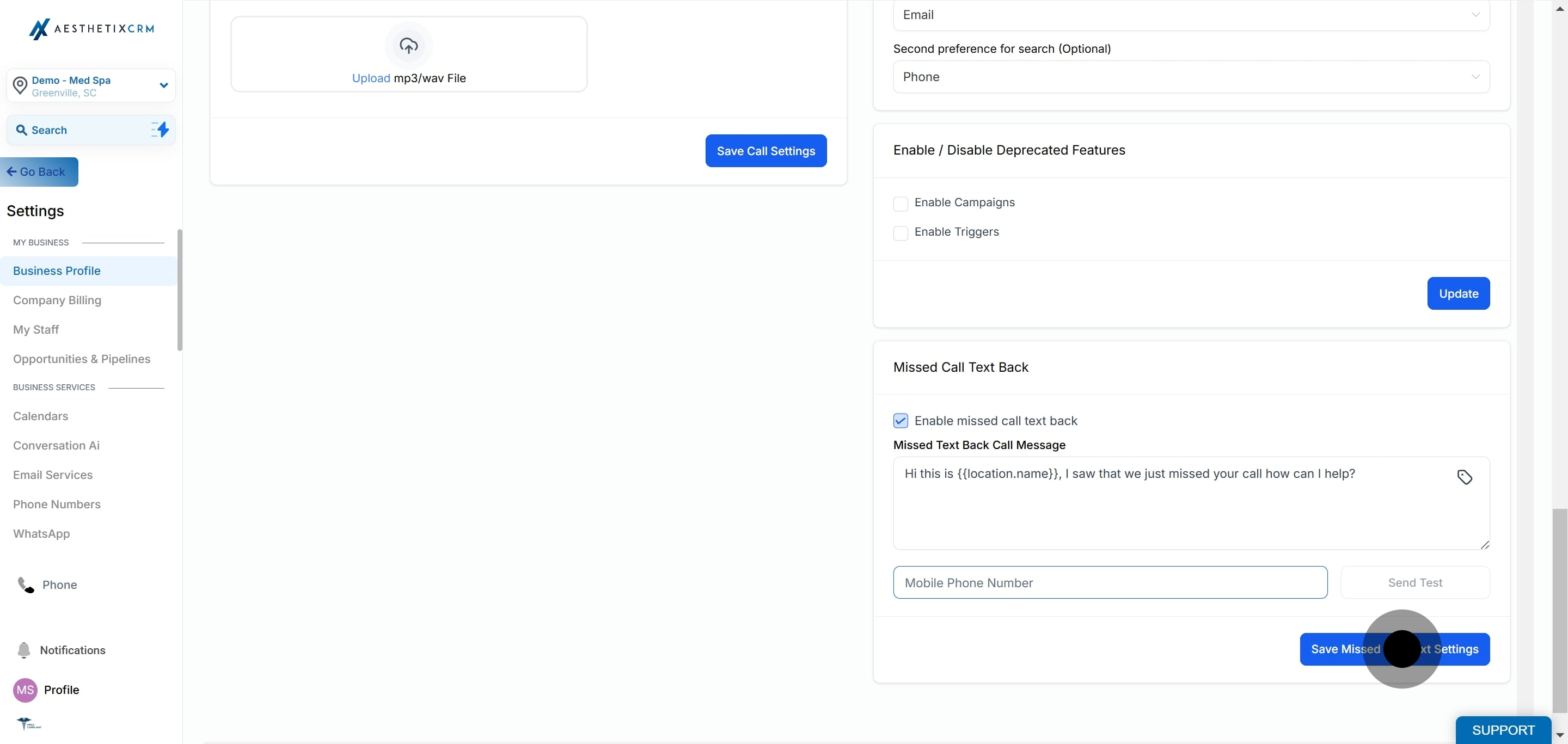 7 Click on "Save Missed Call Text Settings".