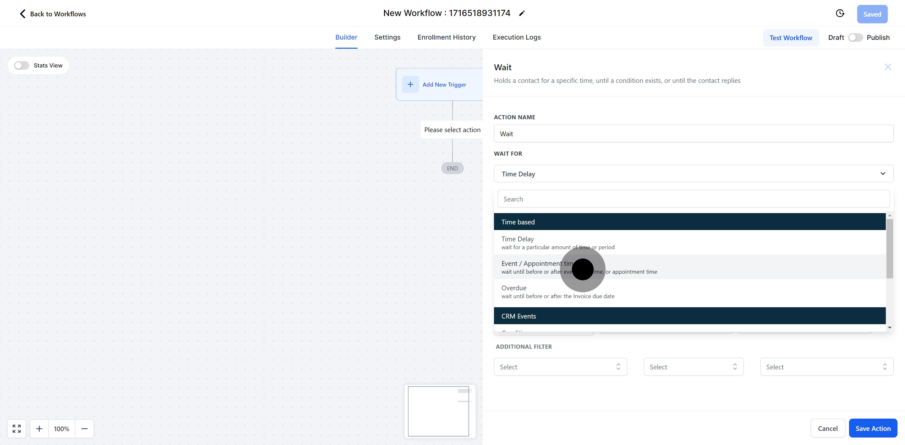 13 Next up, click on "wait until before or after event start time, or appointment ...".
