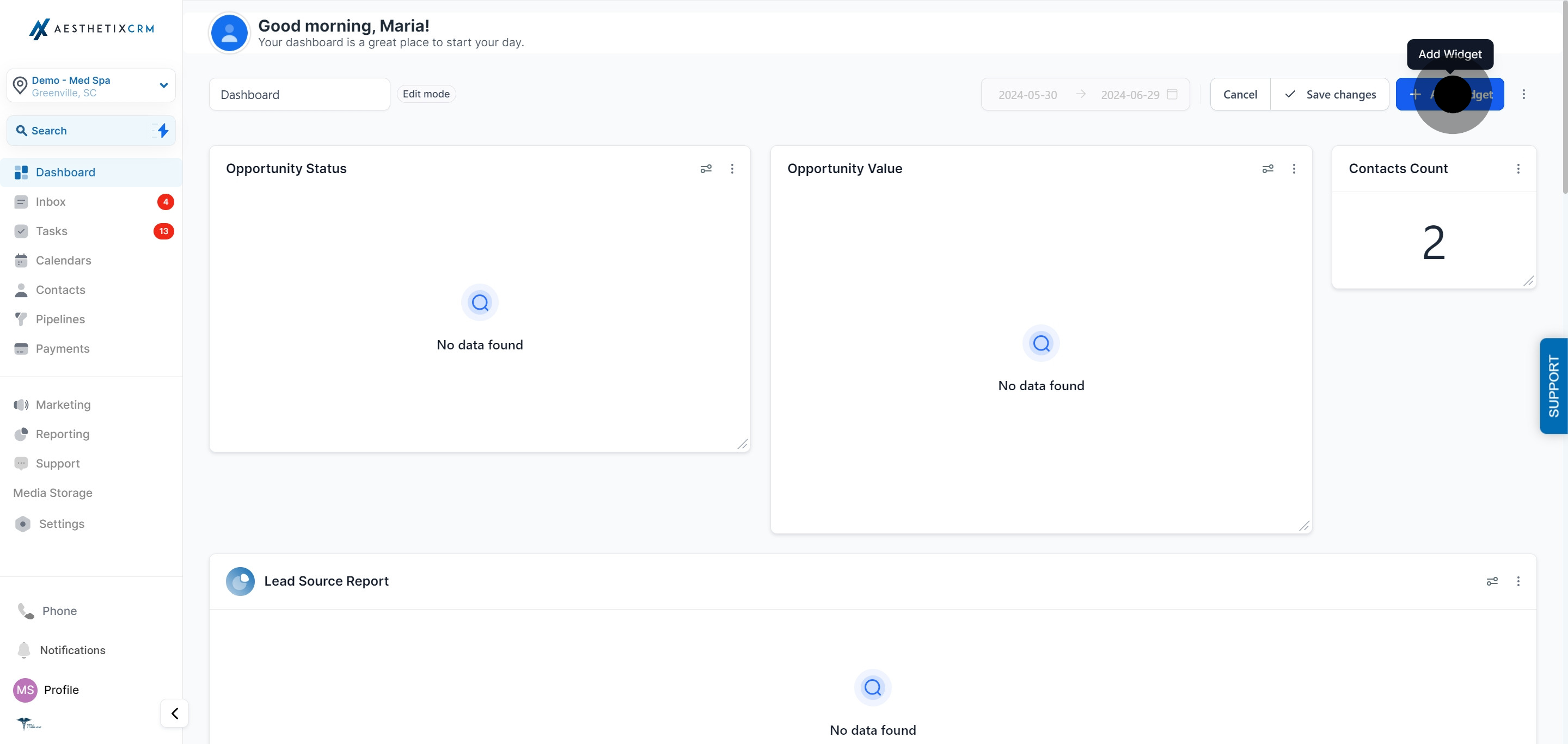 2 Click on "Add Widget".