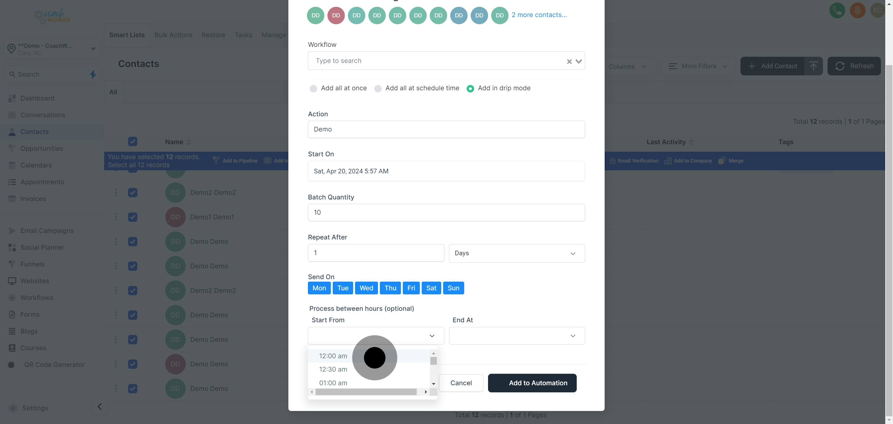 16 Click on "12:00 am".