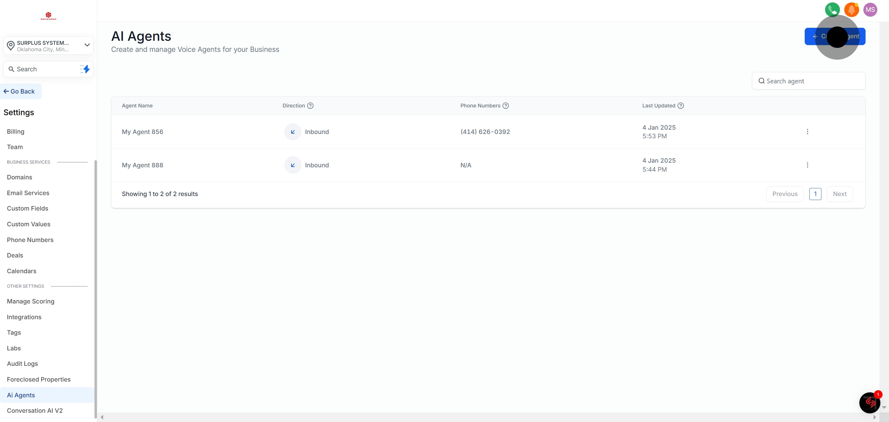 3 Click on "Create Agent".