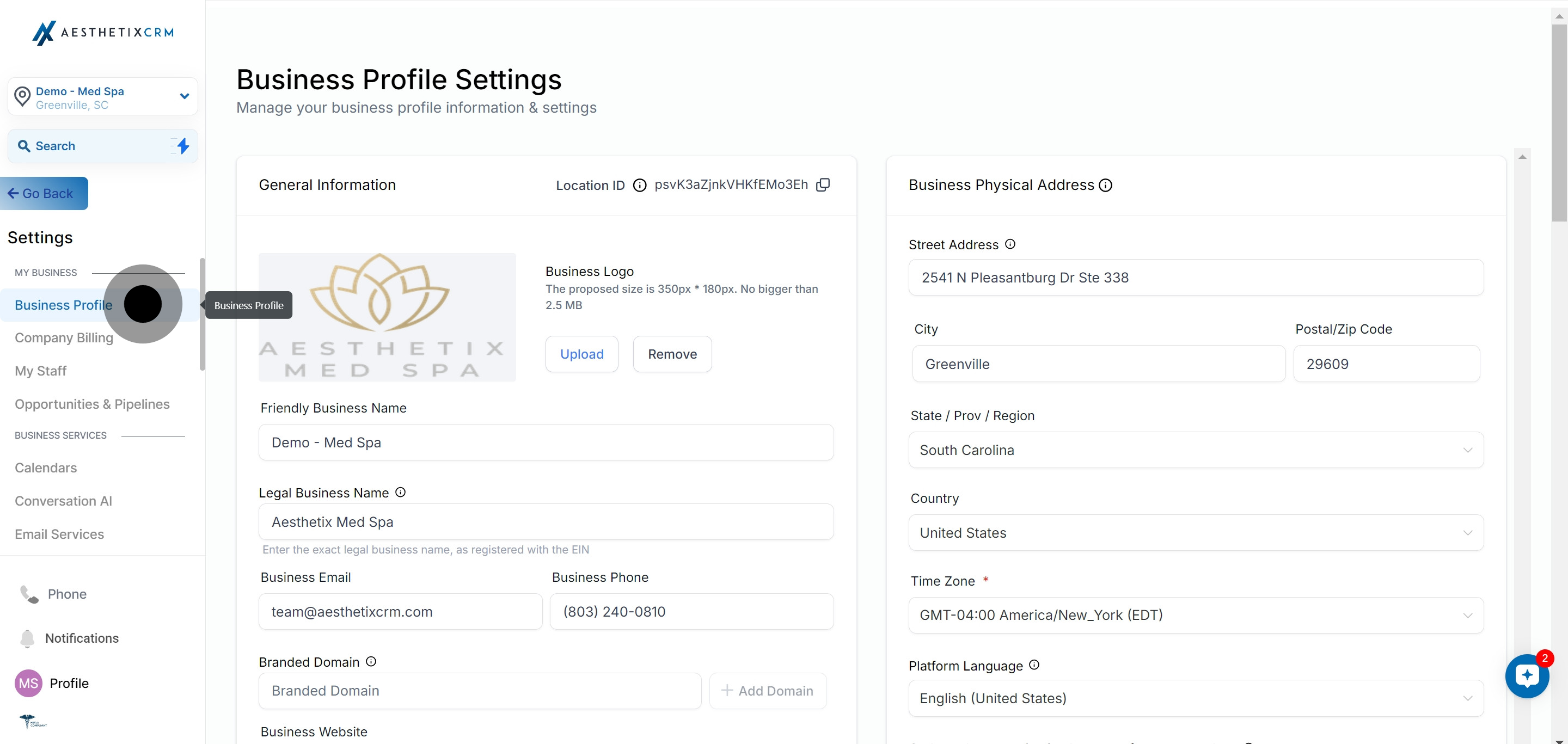 3 Click on "Business Profile".