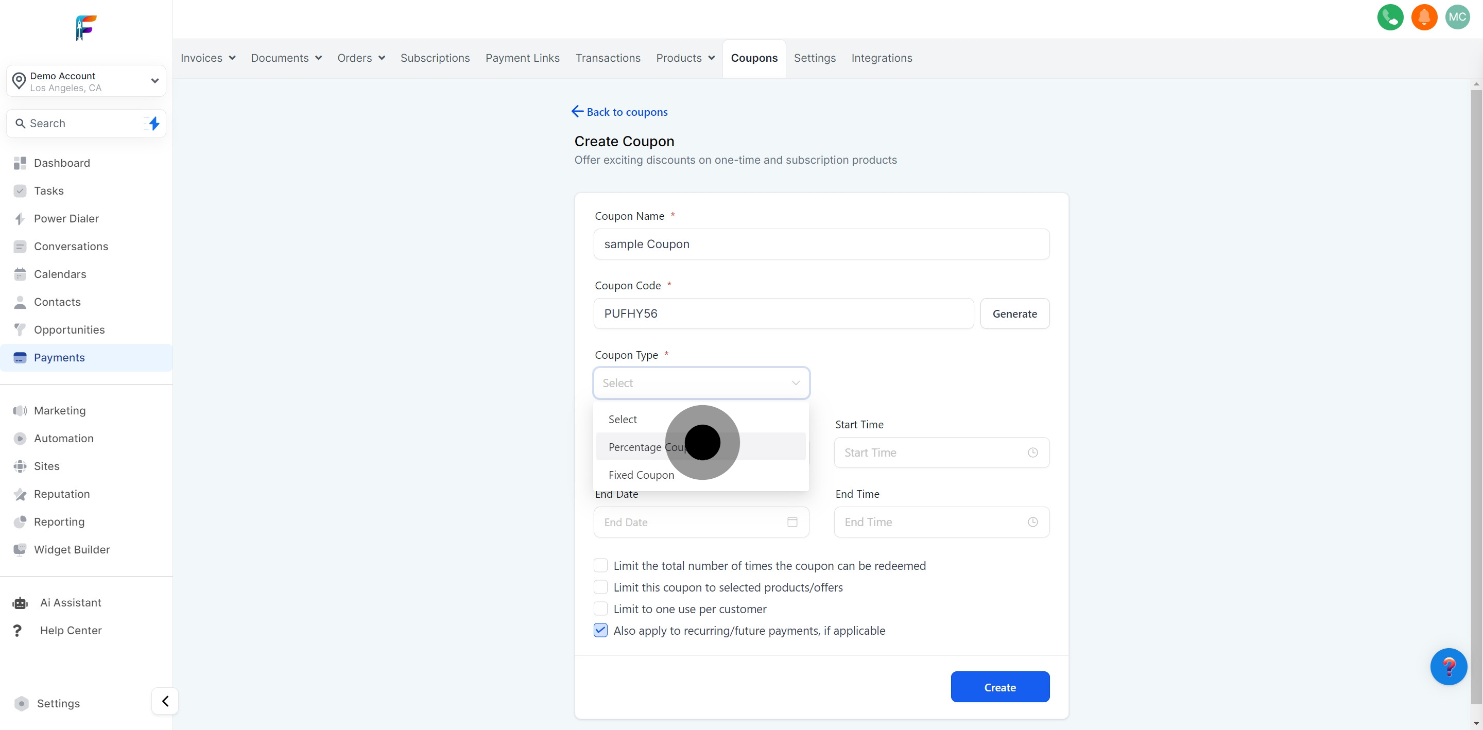 8 Click on "Percentage Coupon".