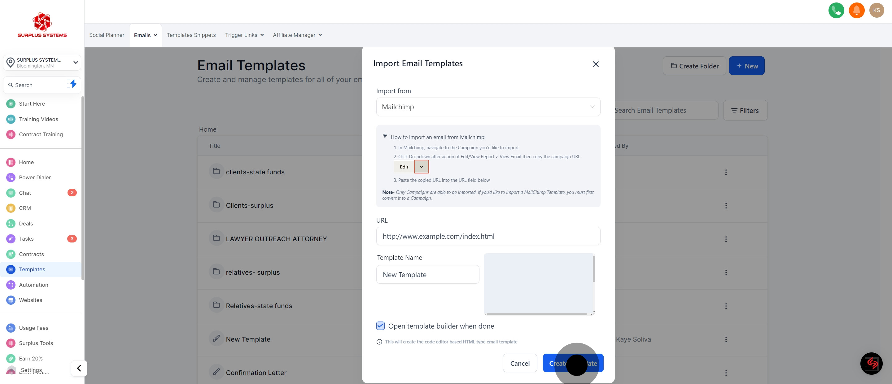 7 Click on "Create Template".