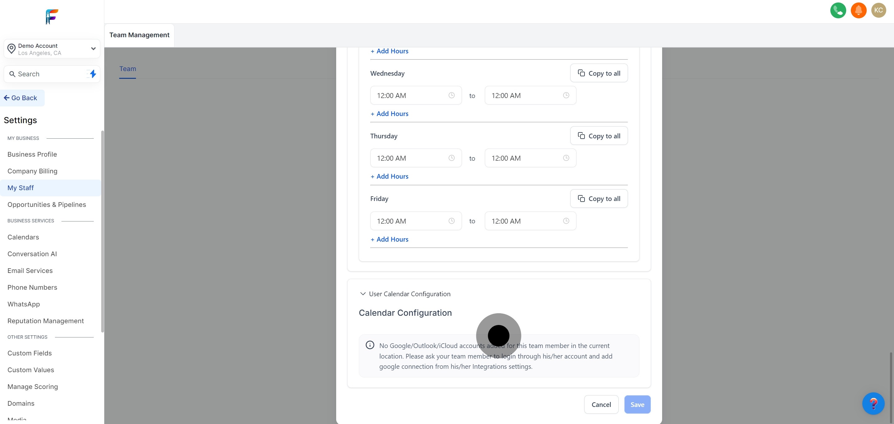 19 Next, click on "No Google/Outlook/iCloud accounts added for this team member...".