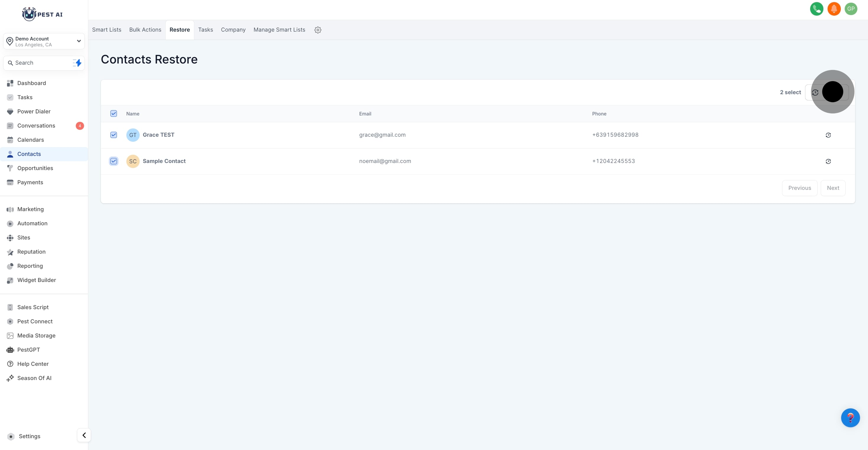 5 Click on "Restore".