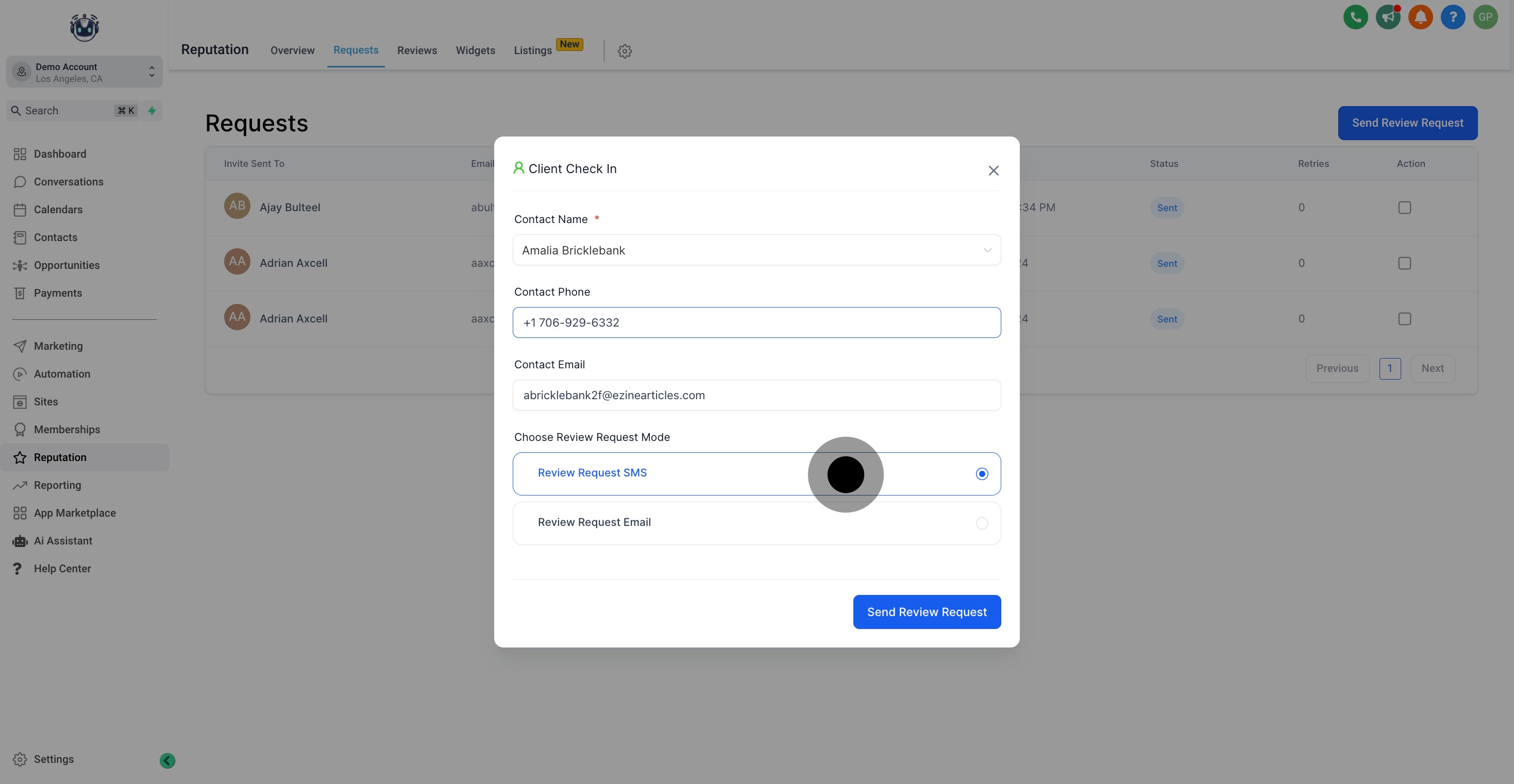 6 Click on "Review Request SMS".