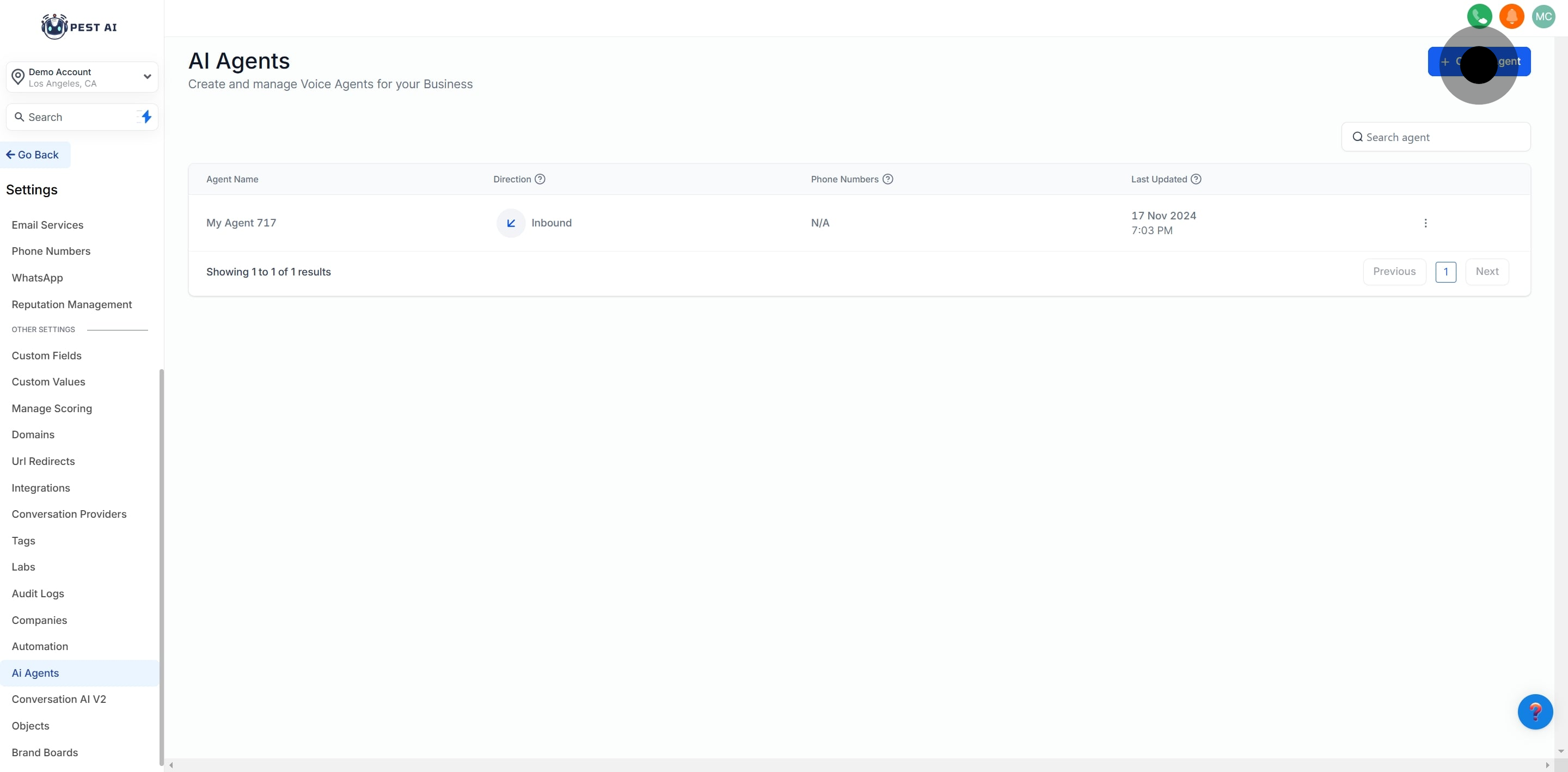 3 Click on "Create Agent".