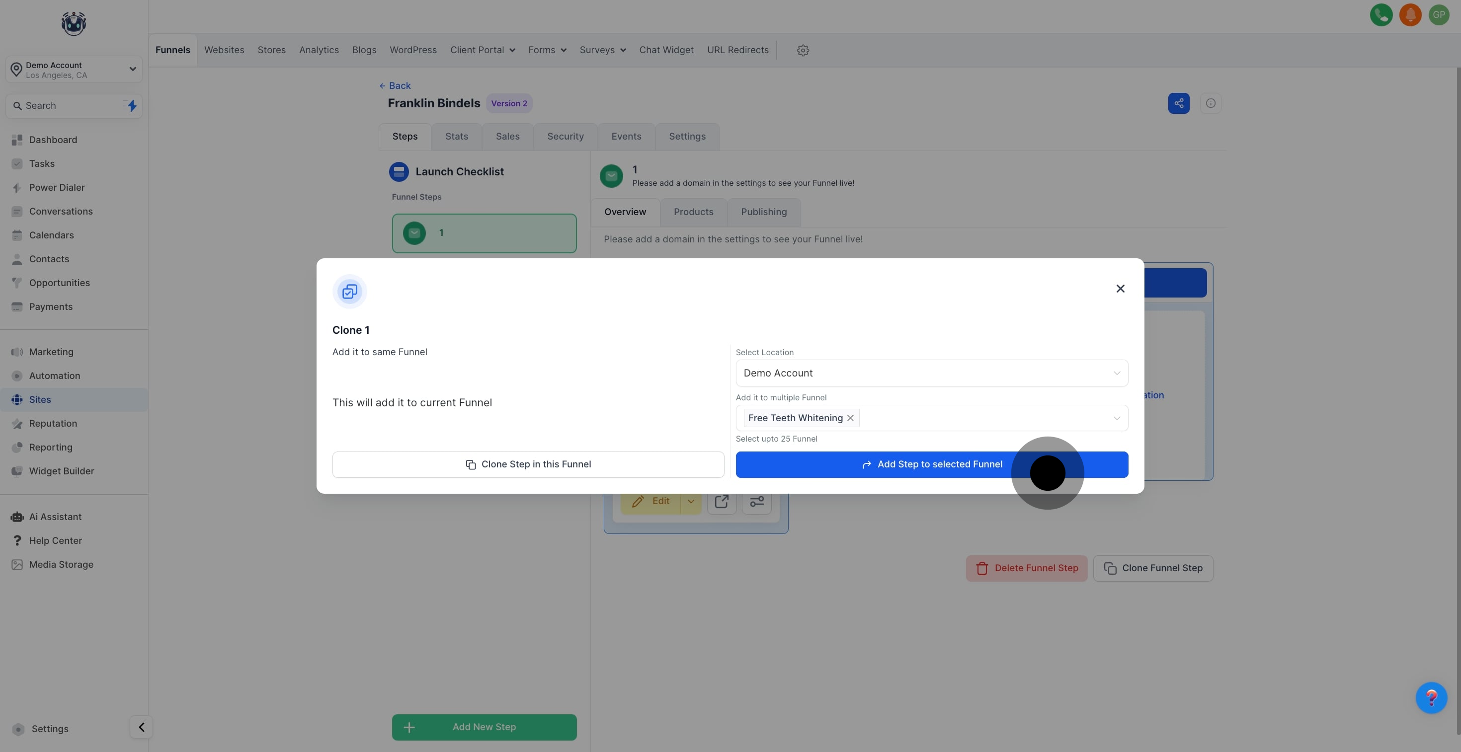 7 Click on "Add Step to selected Funnel".