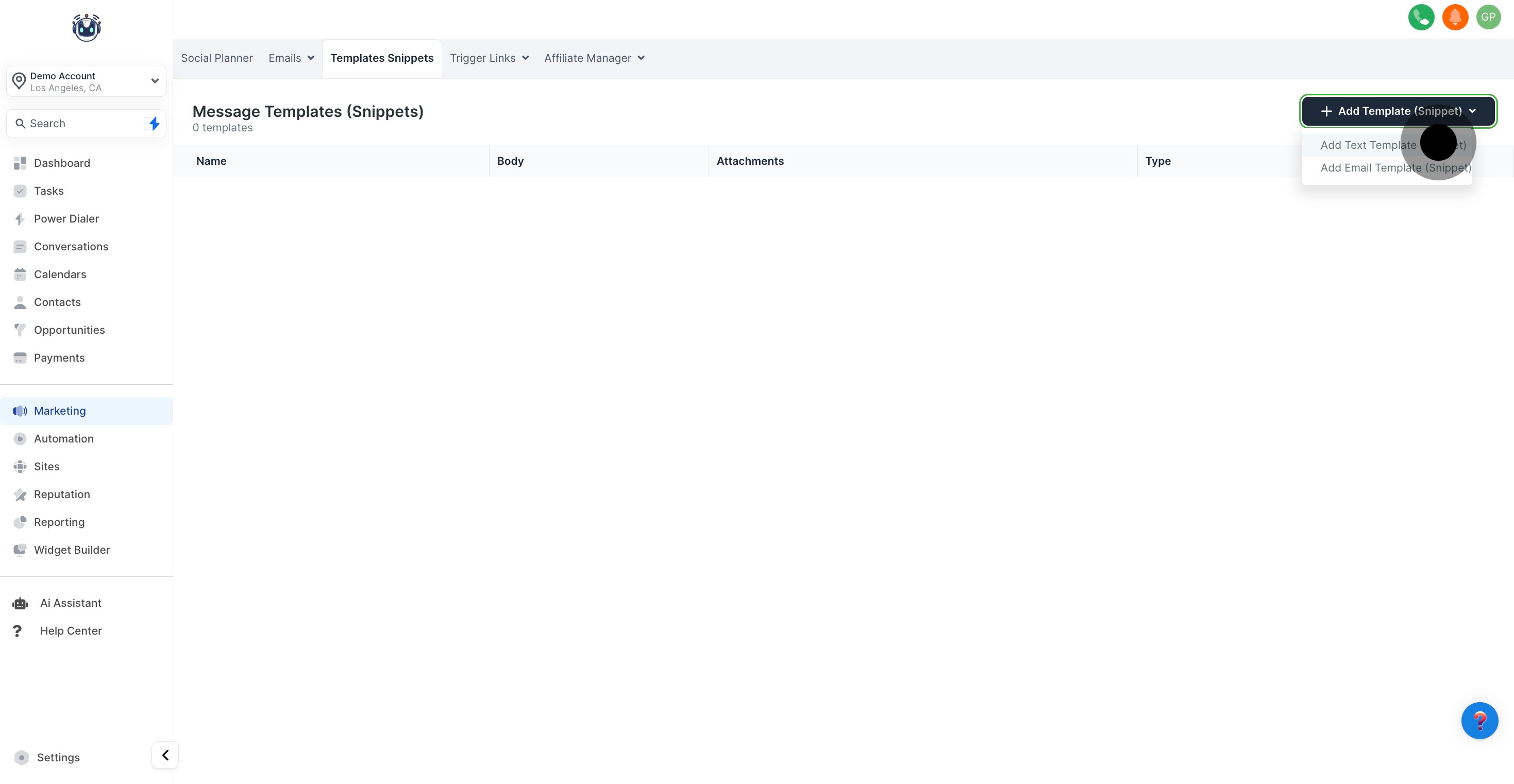 4 Click on "Add Text Template (Snippet)".