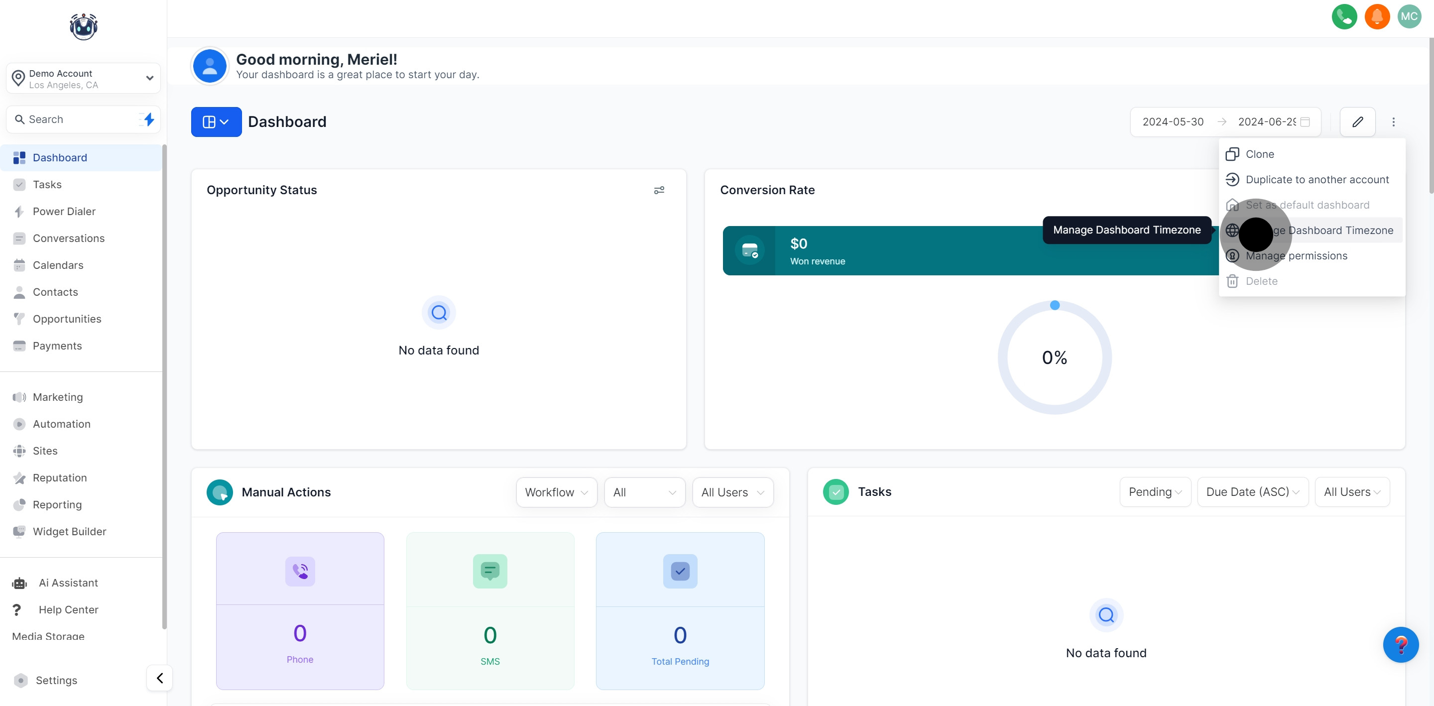 2 Click on "Manage Dashboard Timezone".