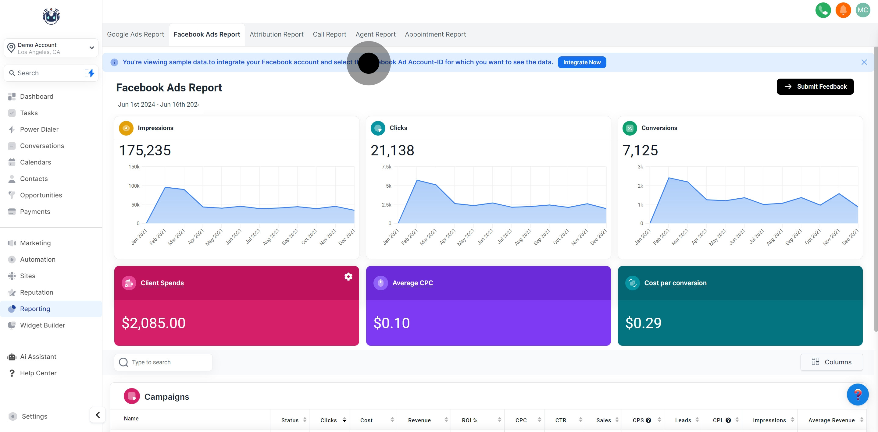 2 Click on "You're viewing sample data. to integrate your Facebook accou...".