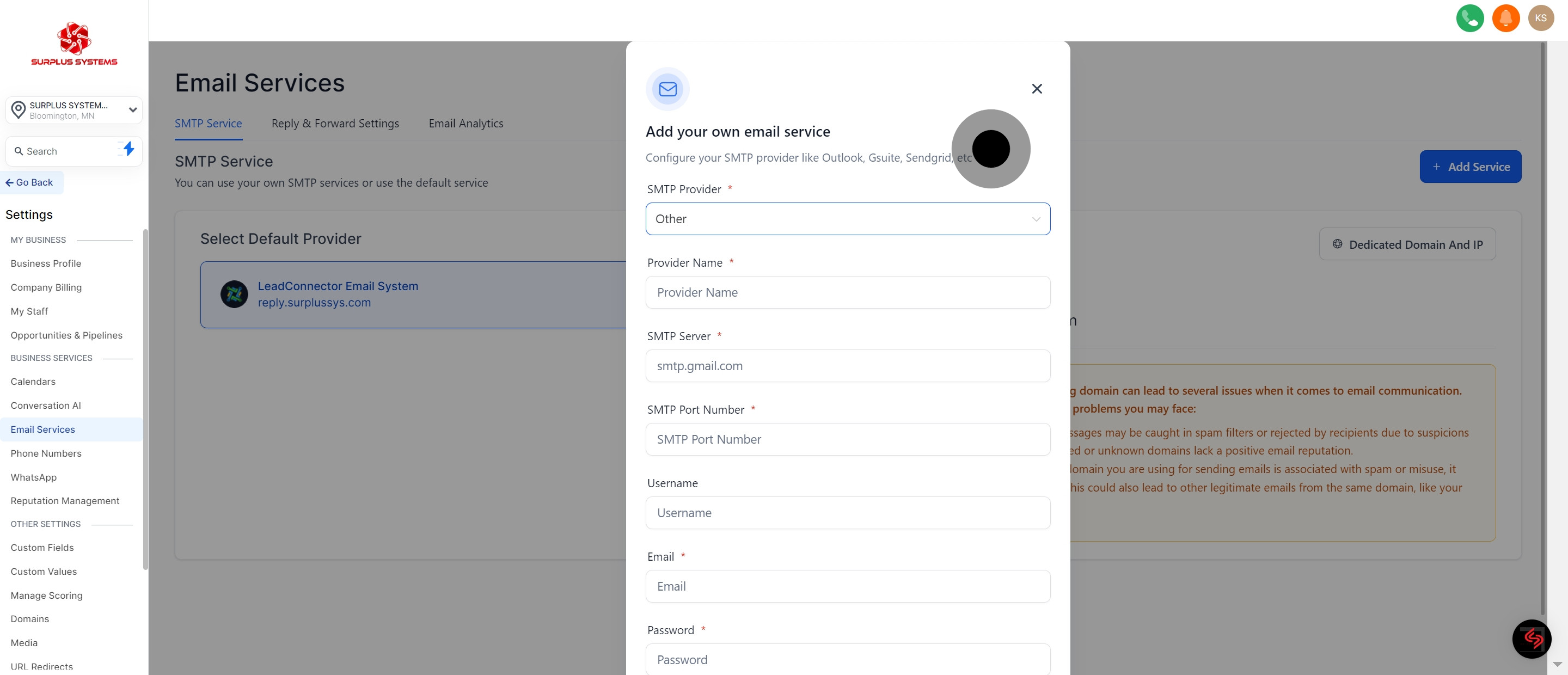 5 Click on "Configure your SMTP provider like Outlook, Gsuite, Sendgrid,...".