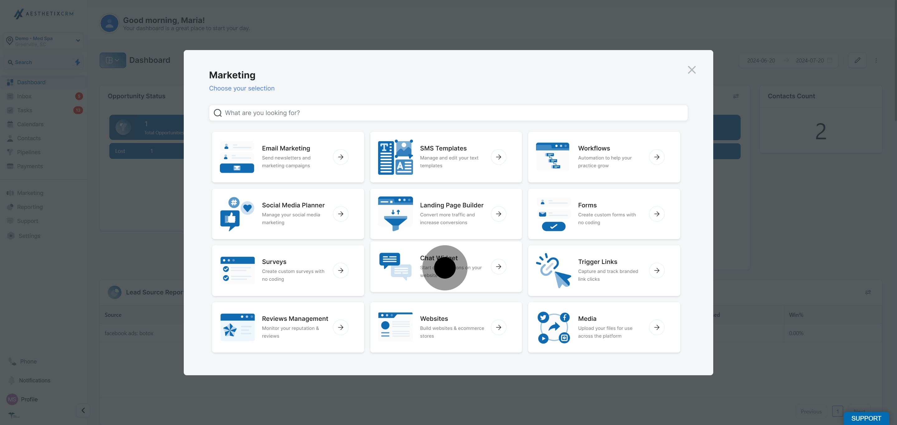 2 Next, click on "Start conversations on your website".