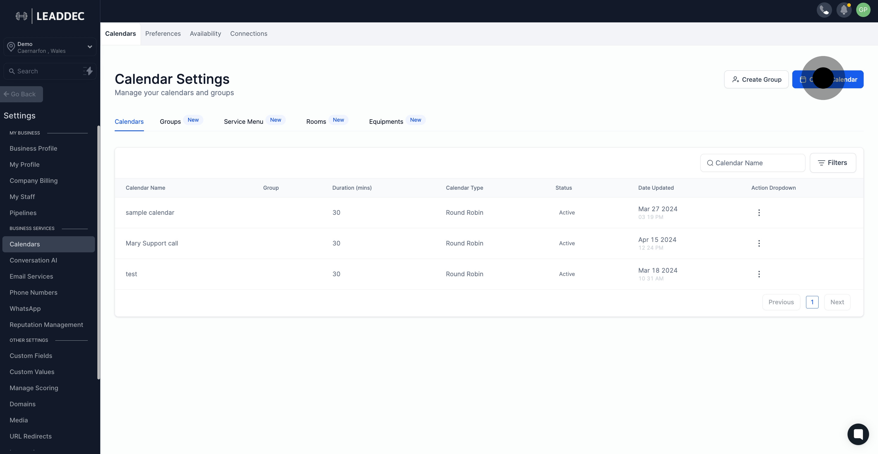 3 Click on "Create Calendar".