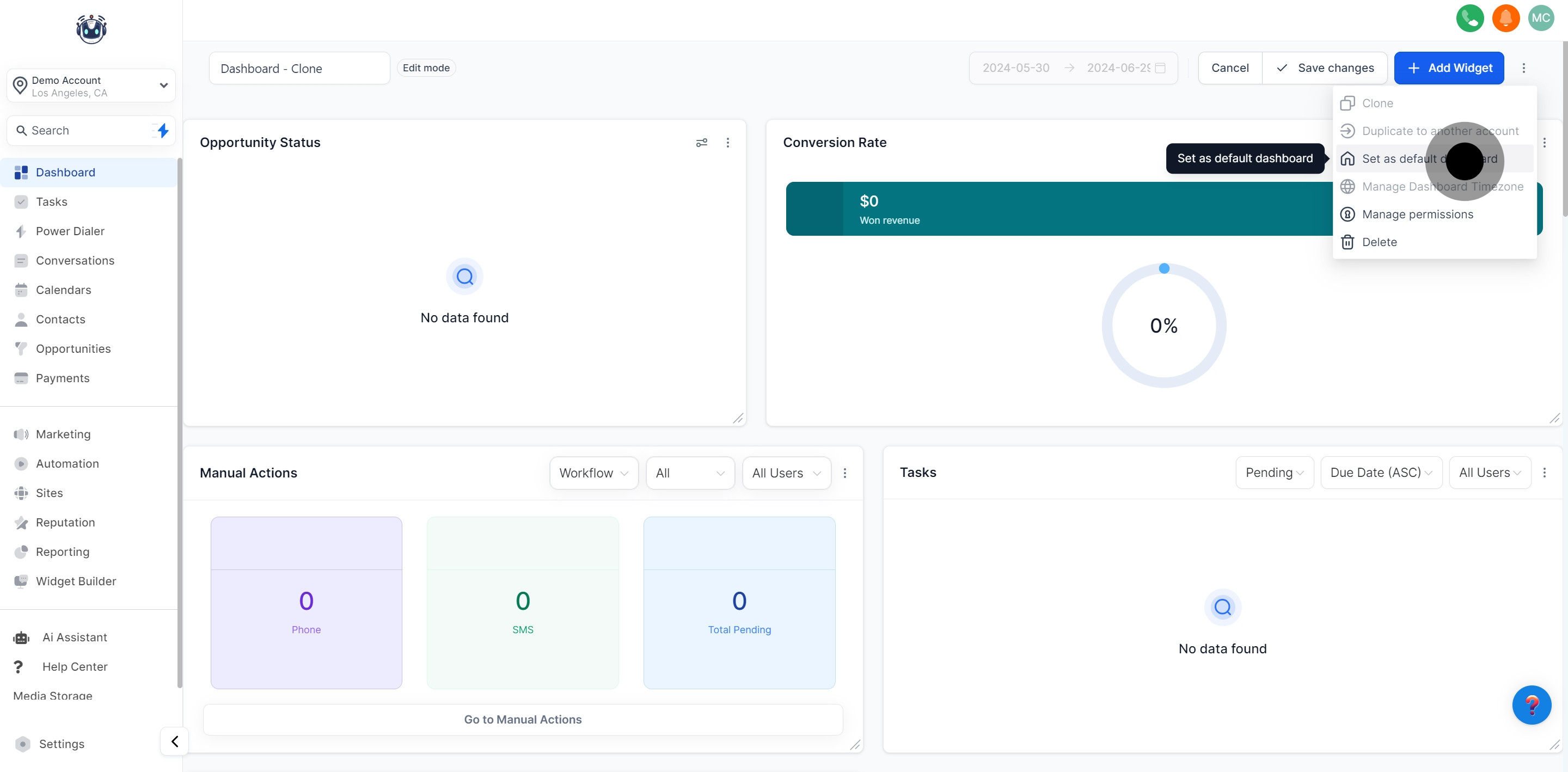 4 Click on "Set as default dashboard".