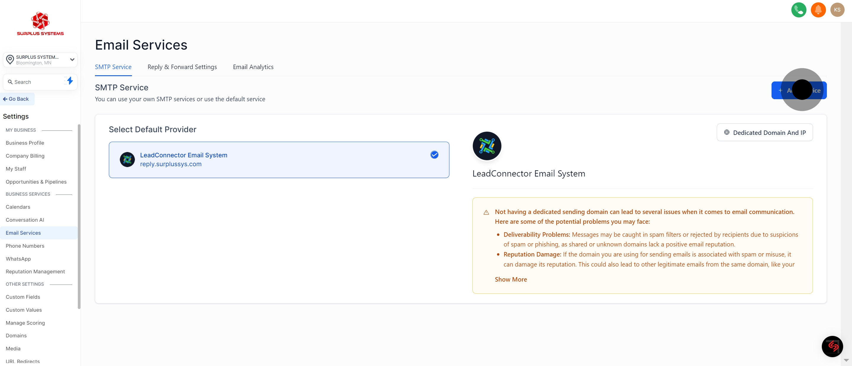 3 Click on "Add Service".