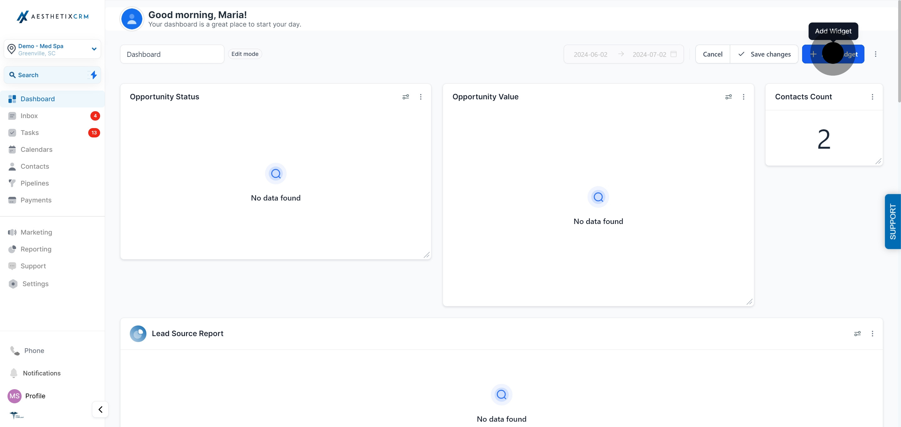 3 Click on "Add Widget".