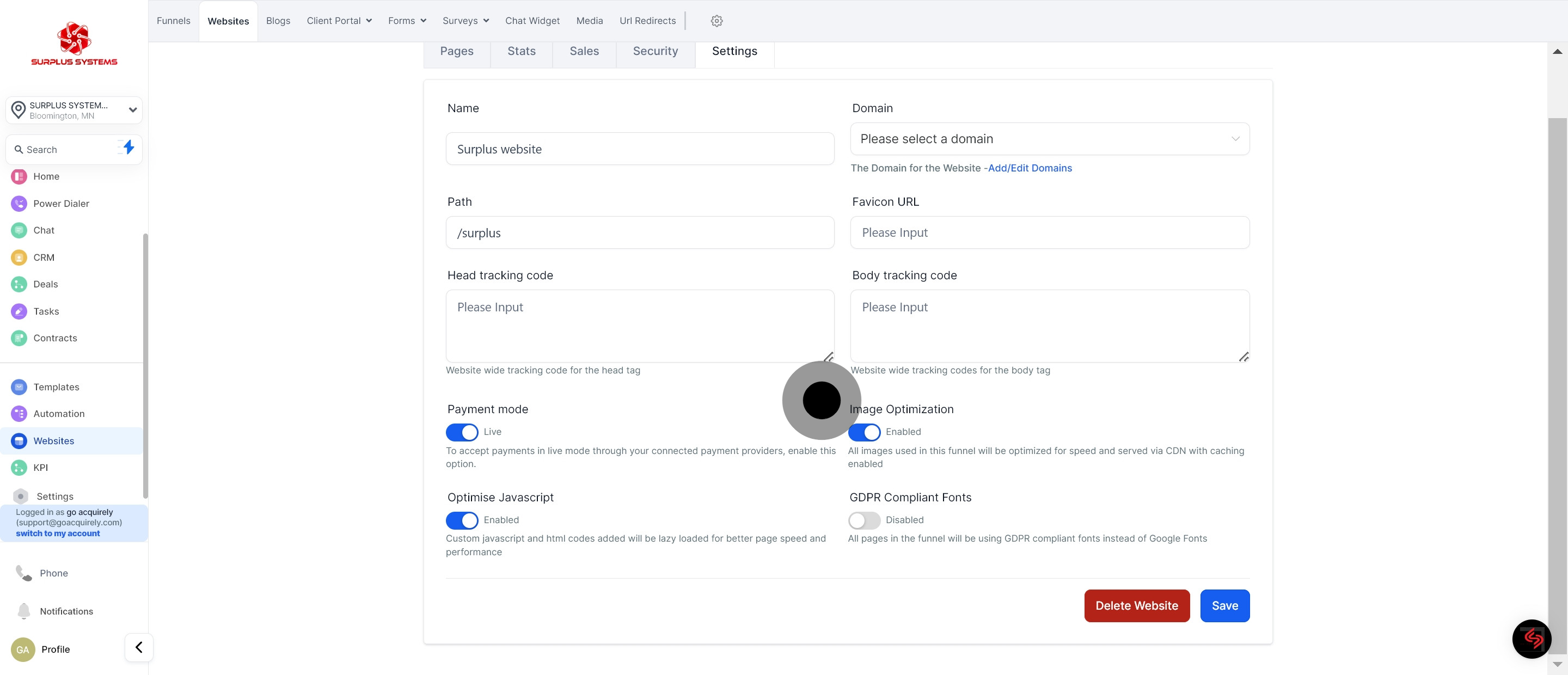 15 Now, click on "Delete Website".