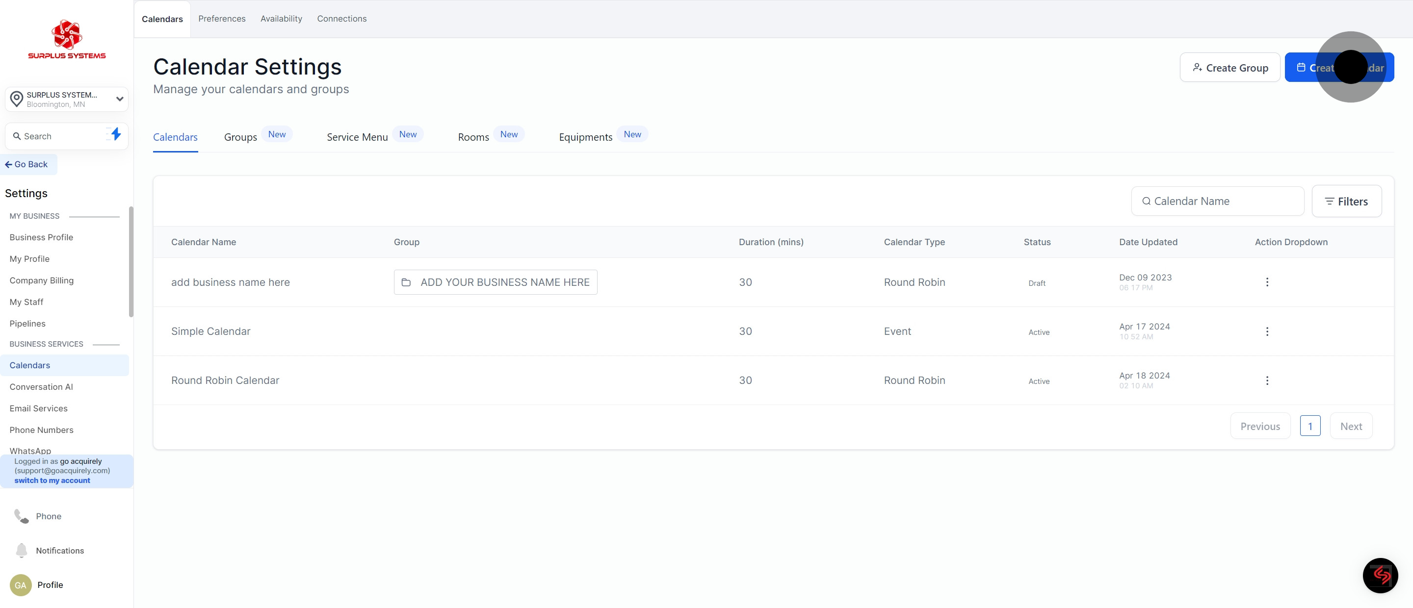 3 Click on "Create Calendar".