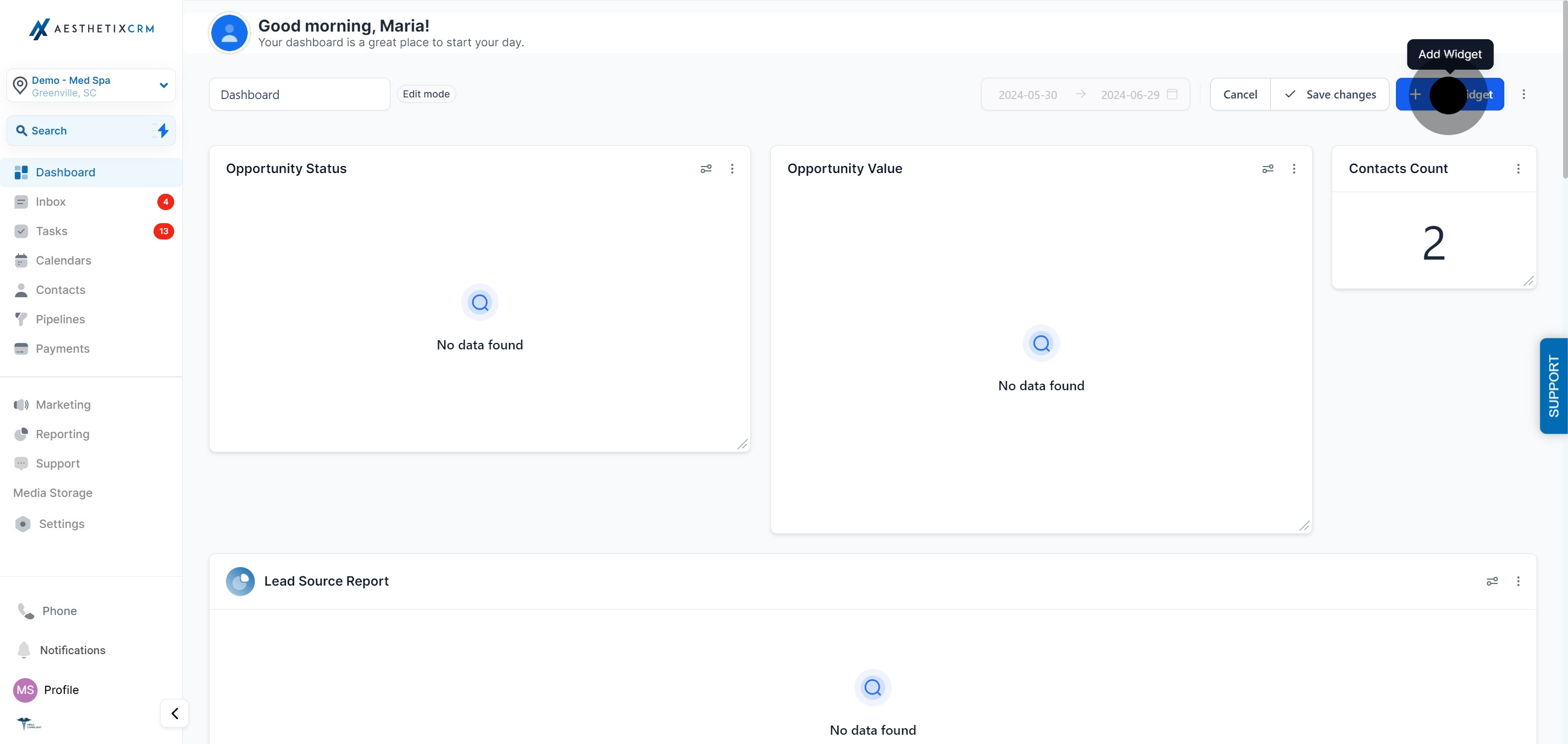 3 Click on "Add Widget".