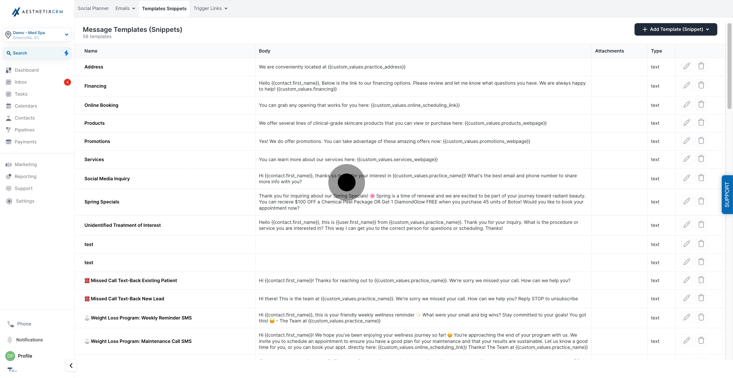 3 Once that's done, click on "Message Templates (Snippets) 58 templates".