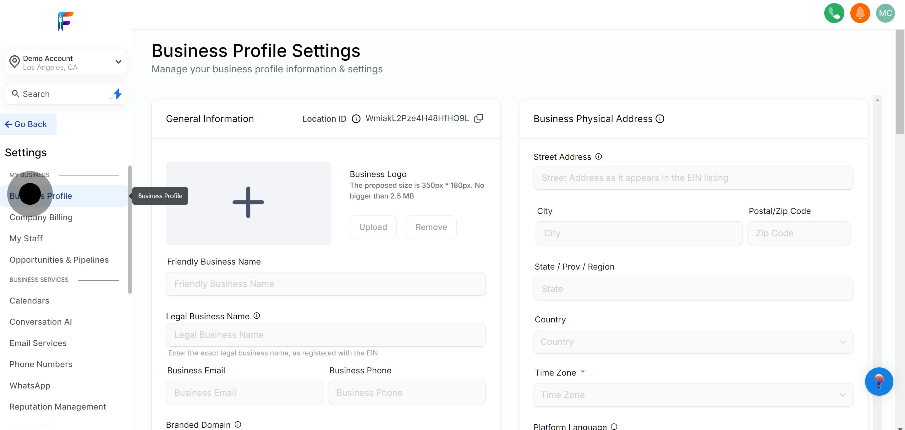 2 Click on "Business Profile".