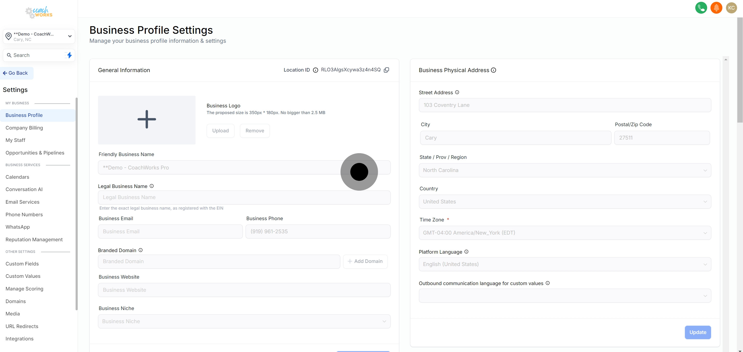 2 Click on "Business Profile Settings".