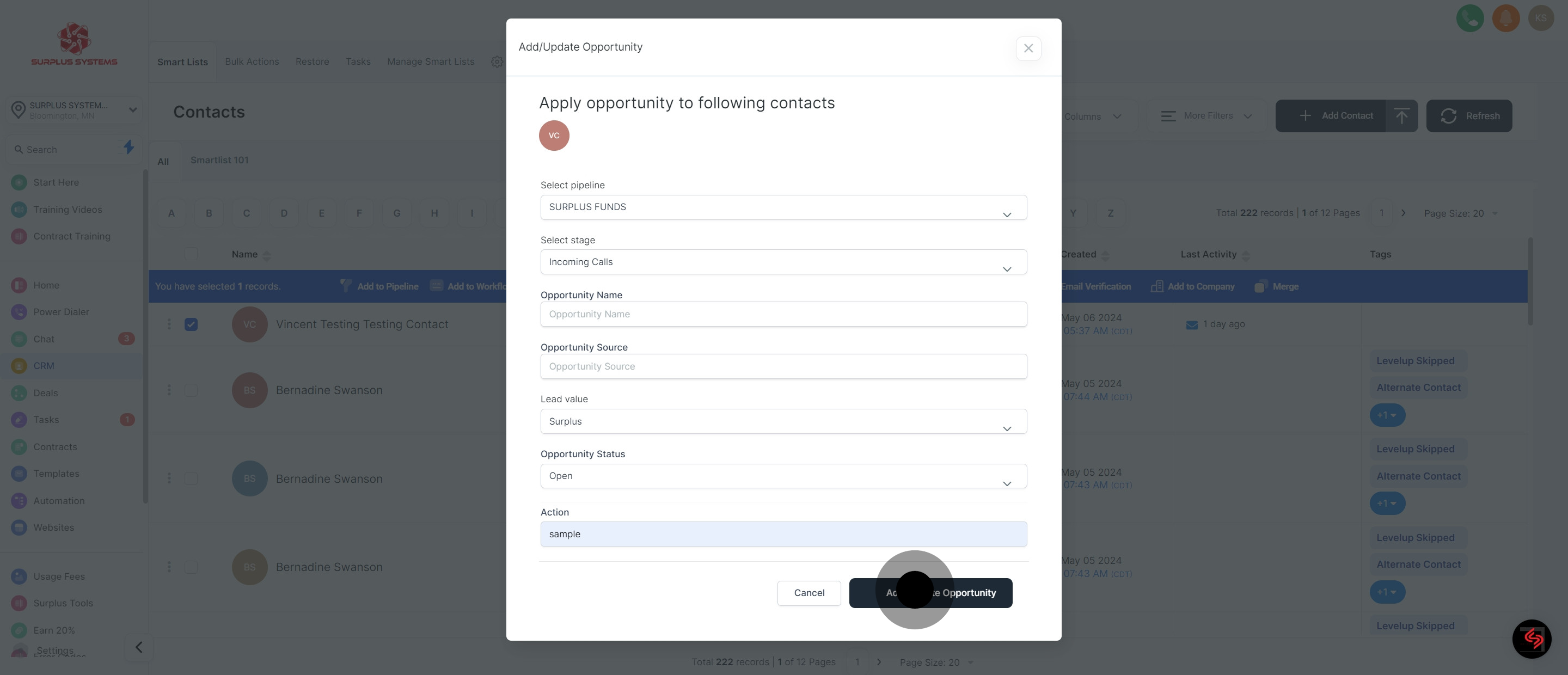 11 After, click on "Add/Update Opportunity".