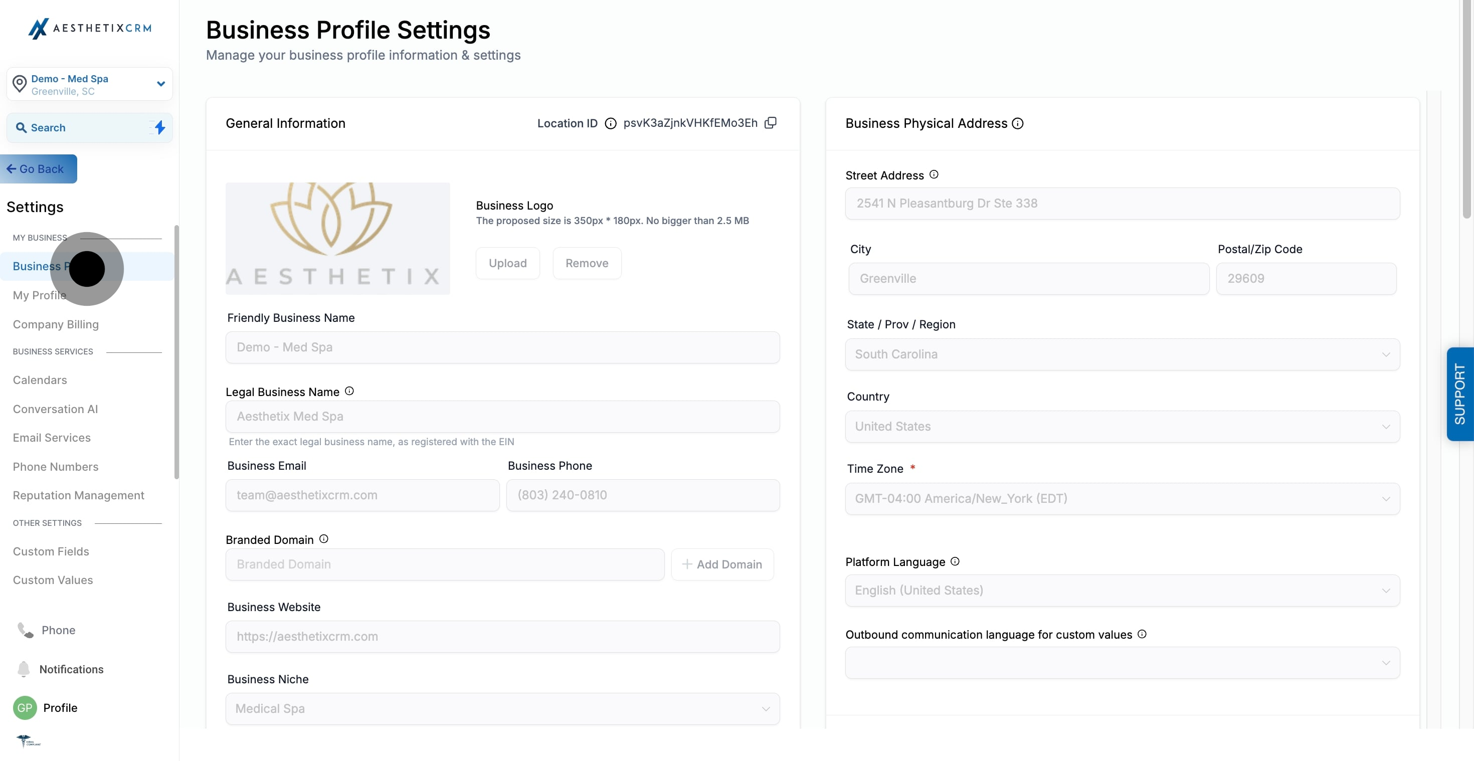 2 Click on "Business Profile Settings".