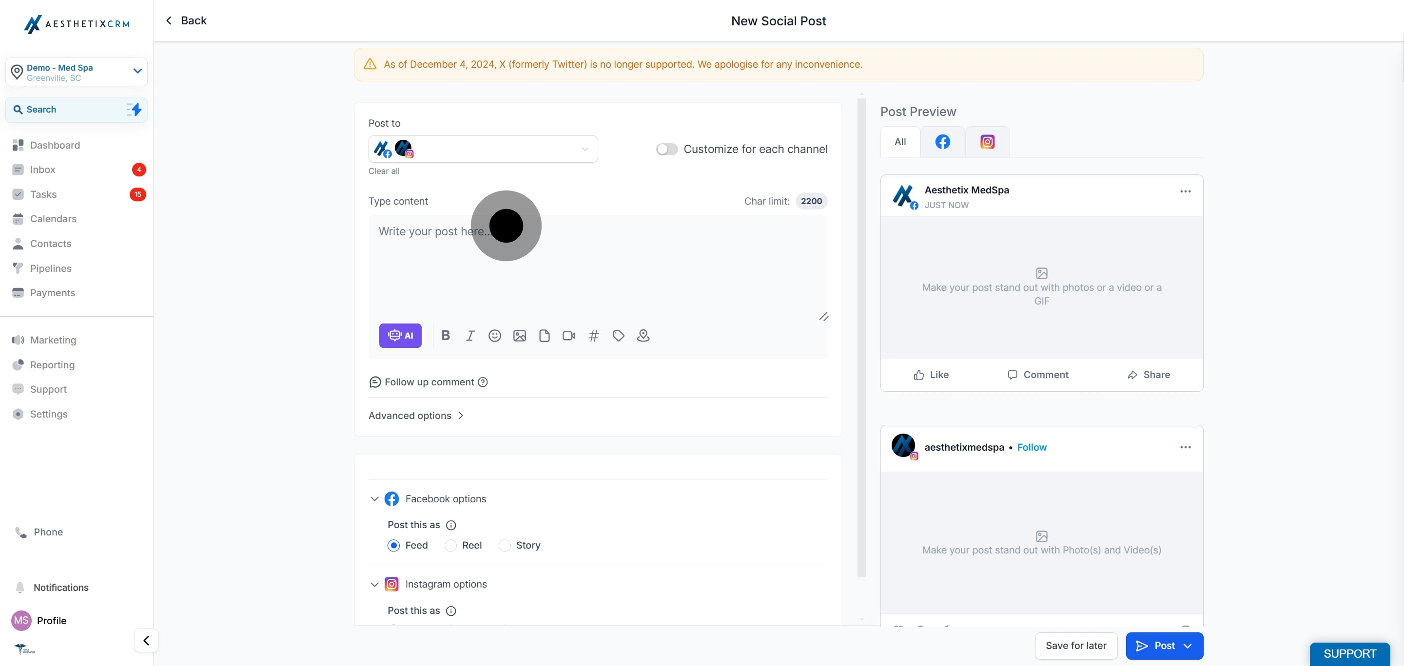 6 Click on "Write your post here...".