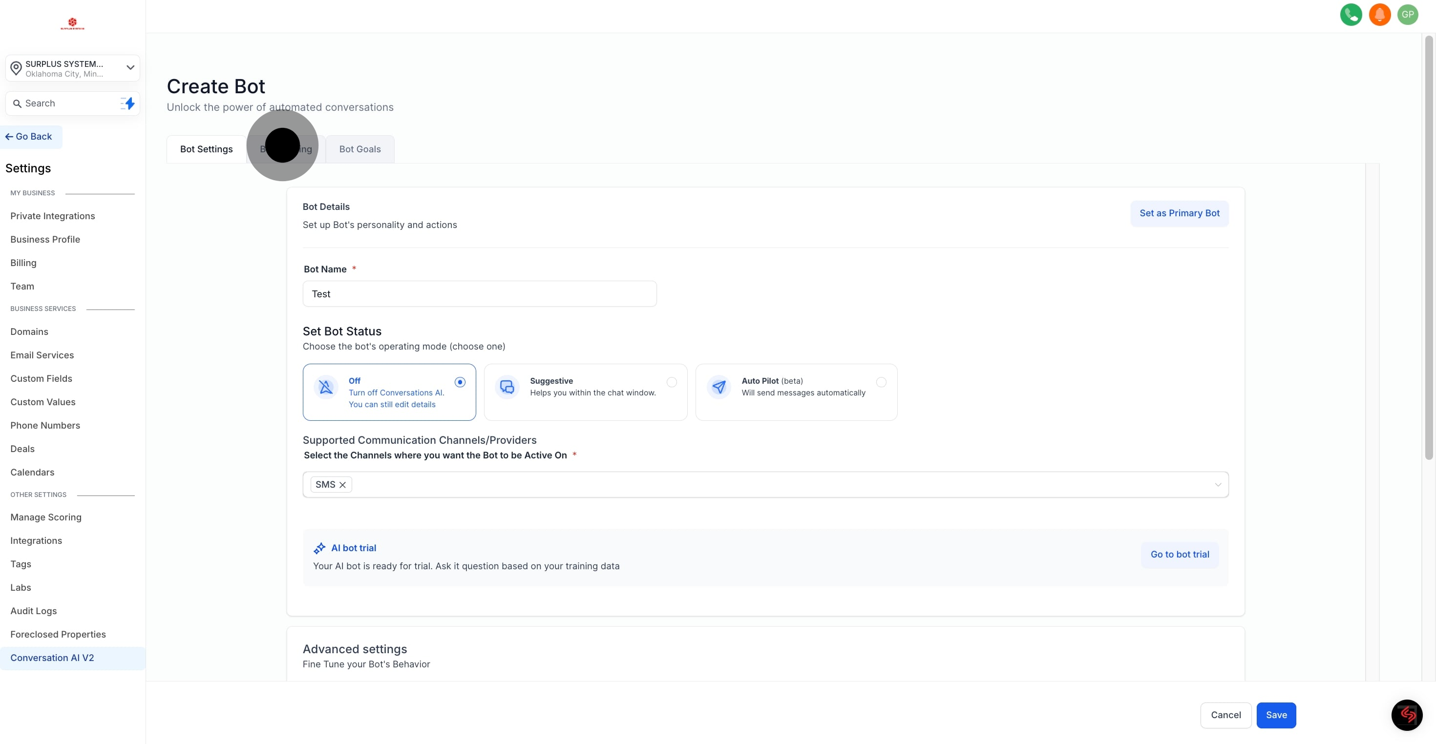 10 Now, click on "Bot Training".