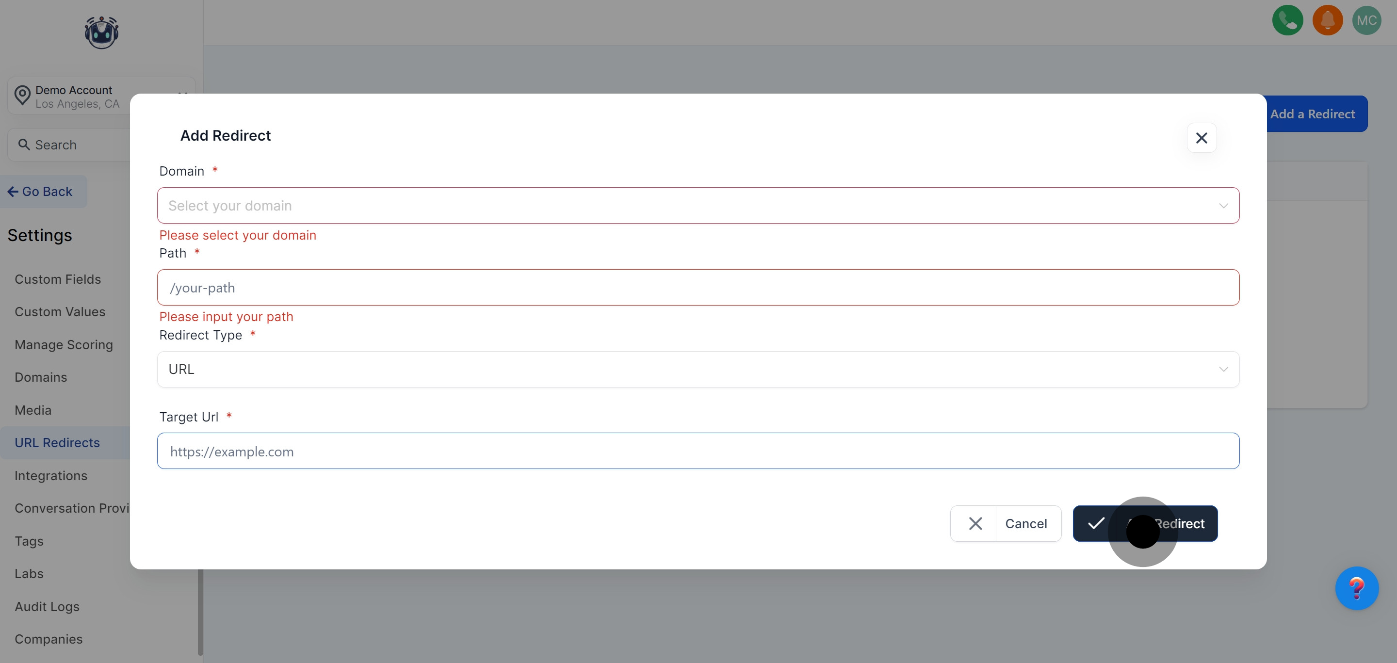 9 Then, click on "Add Redirect".