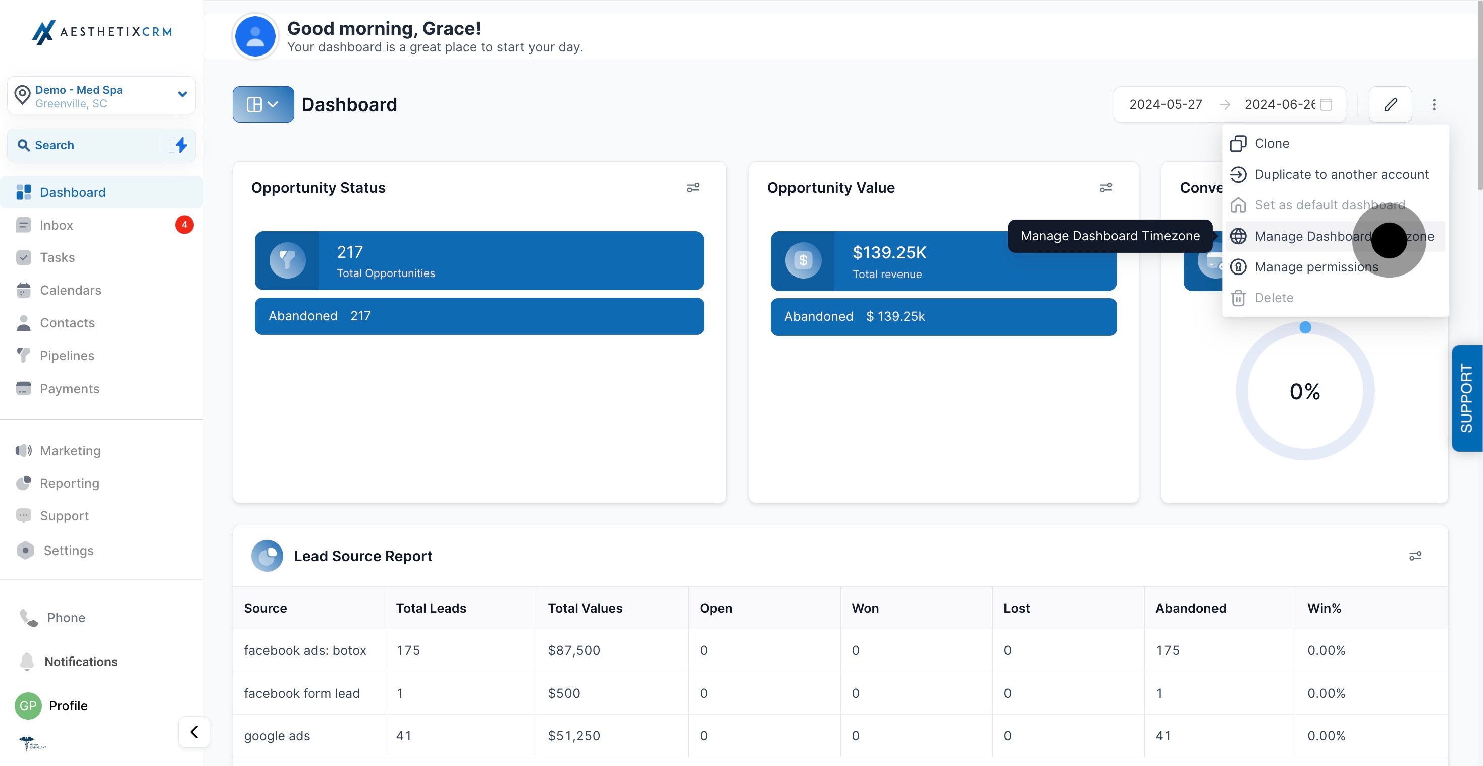 9 Afterwards, click on "Manage Dashboard Timezone".