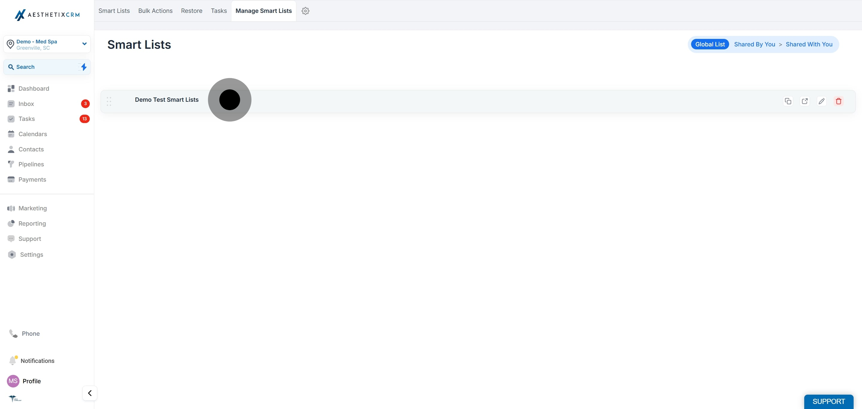 3 Click on "Demo Test Smart Lists".