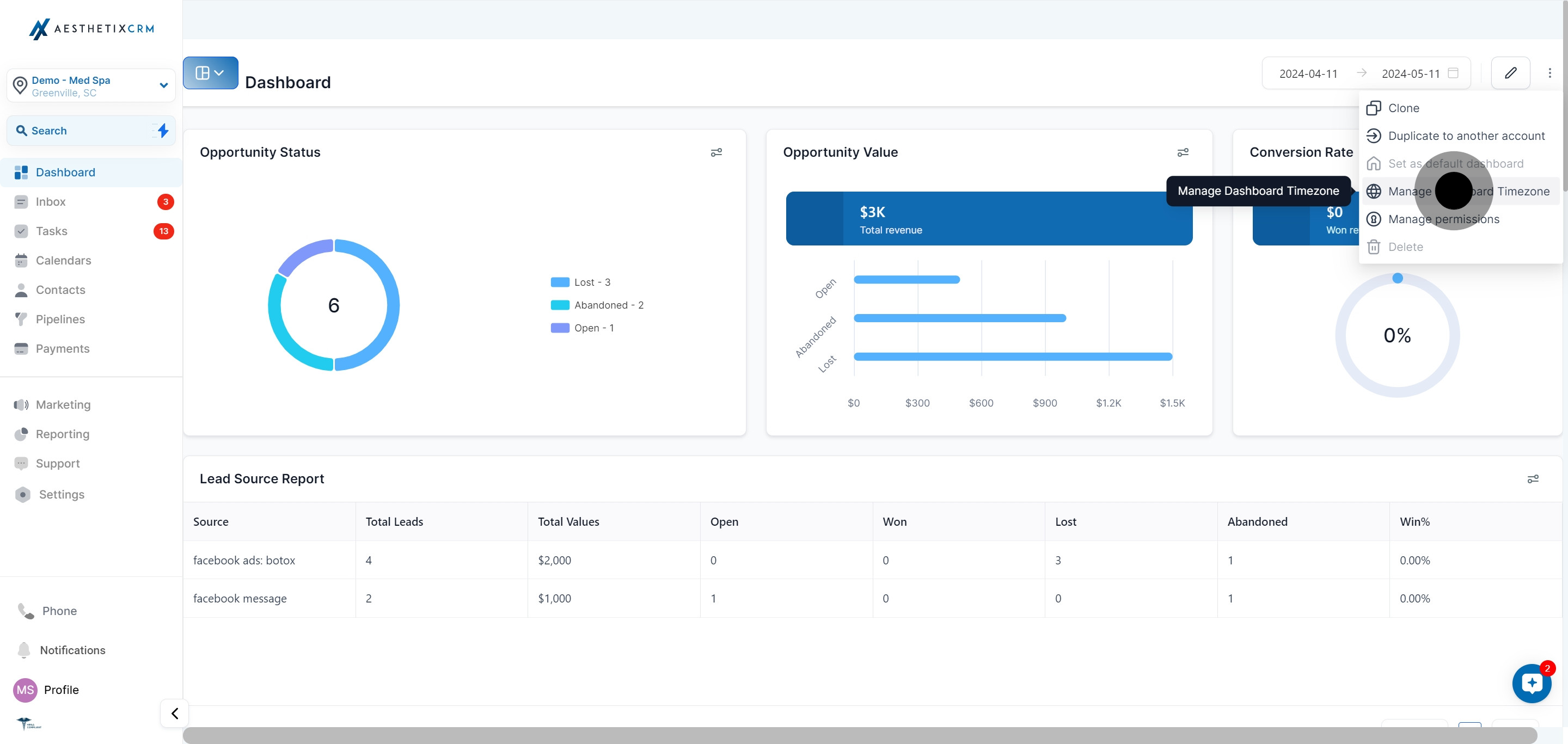 3 Click on "Manage Dashboard Timezone".
