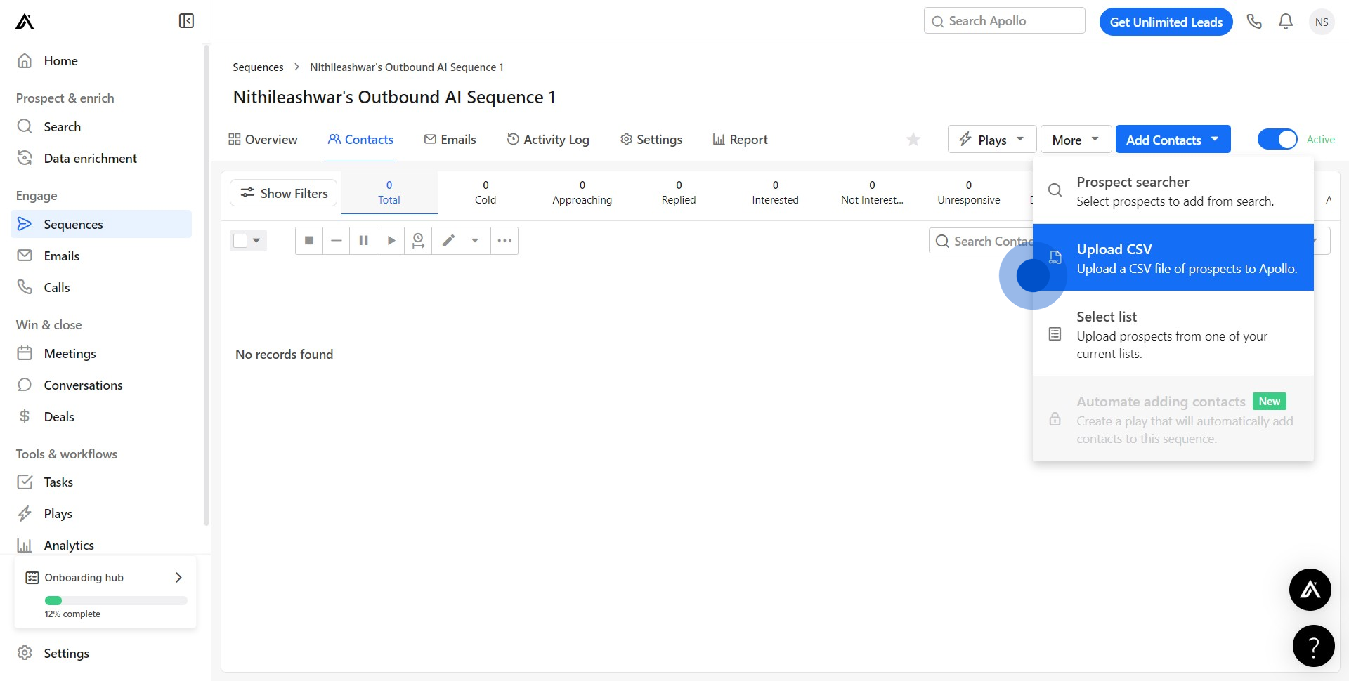 9 Click on "Upload a CSV fi..."