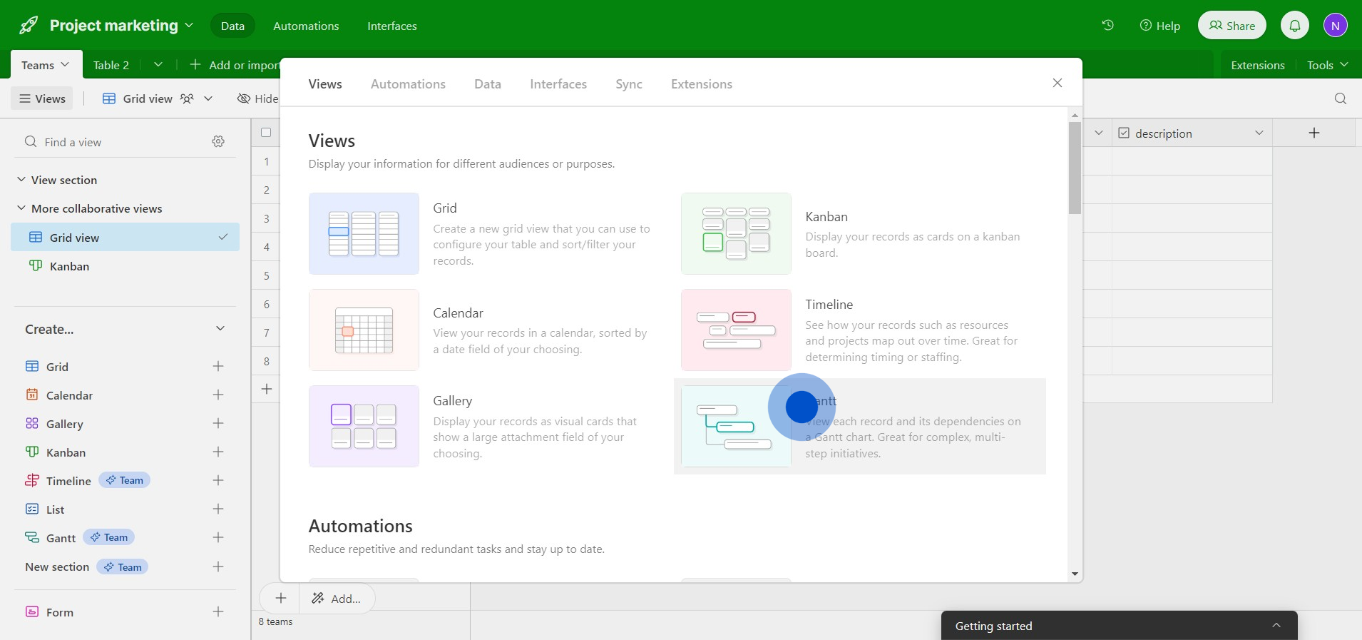 2 Click on "Gantt
View each..."
