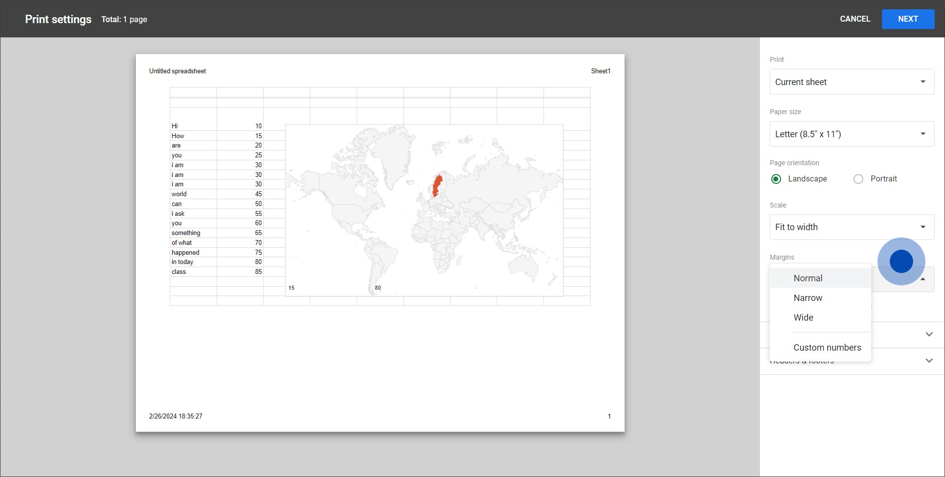 How to set margins in Google Sheets