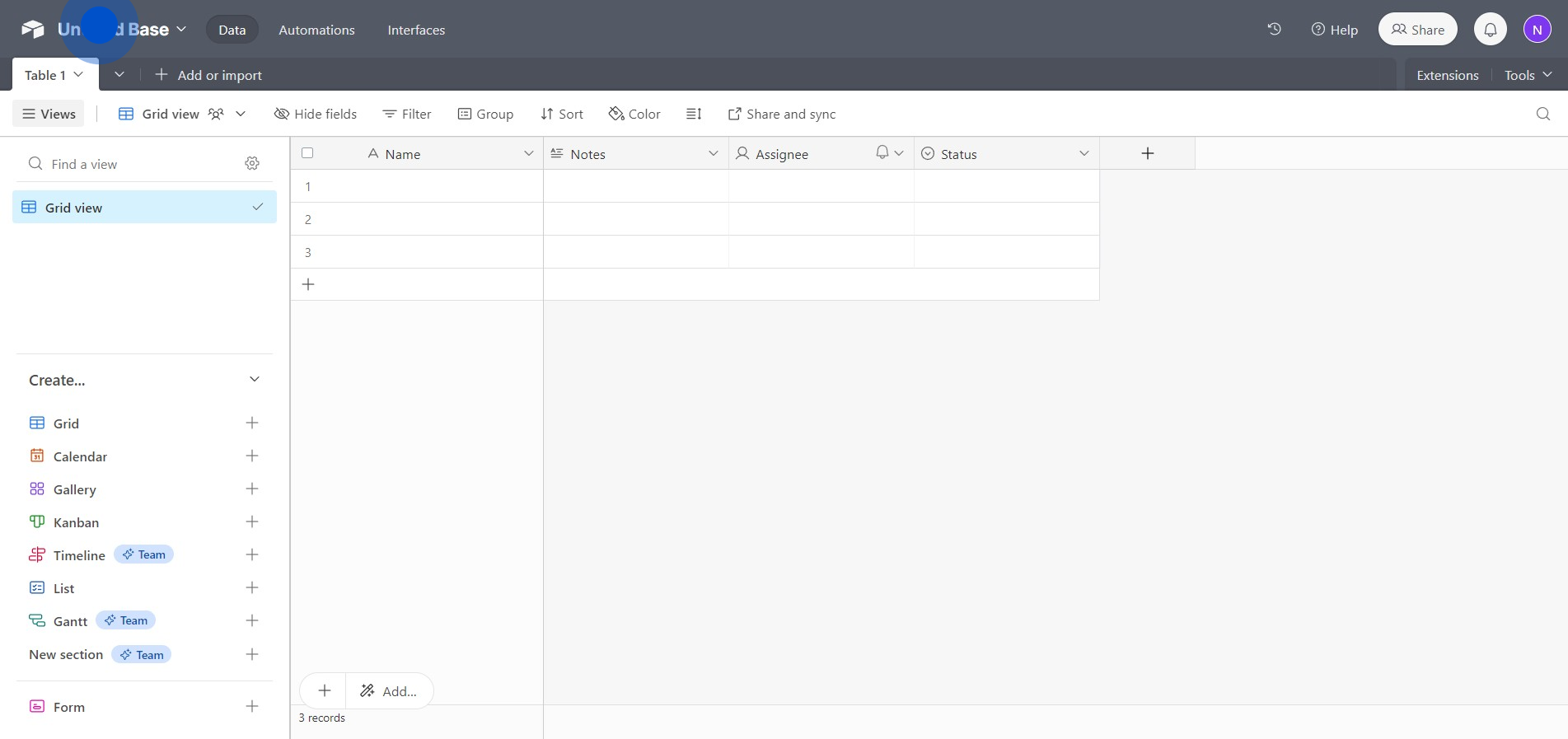 3 Click on "Untitled Base"