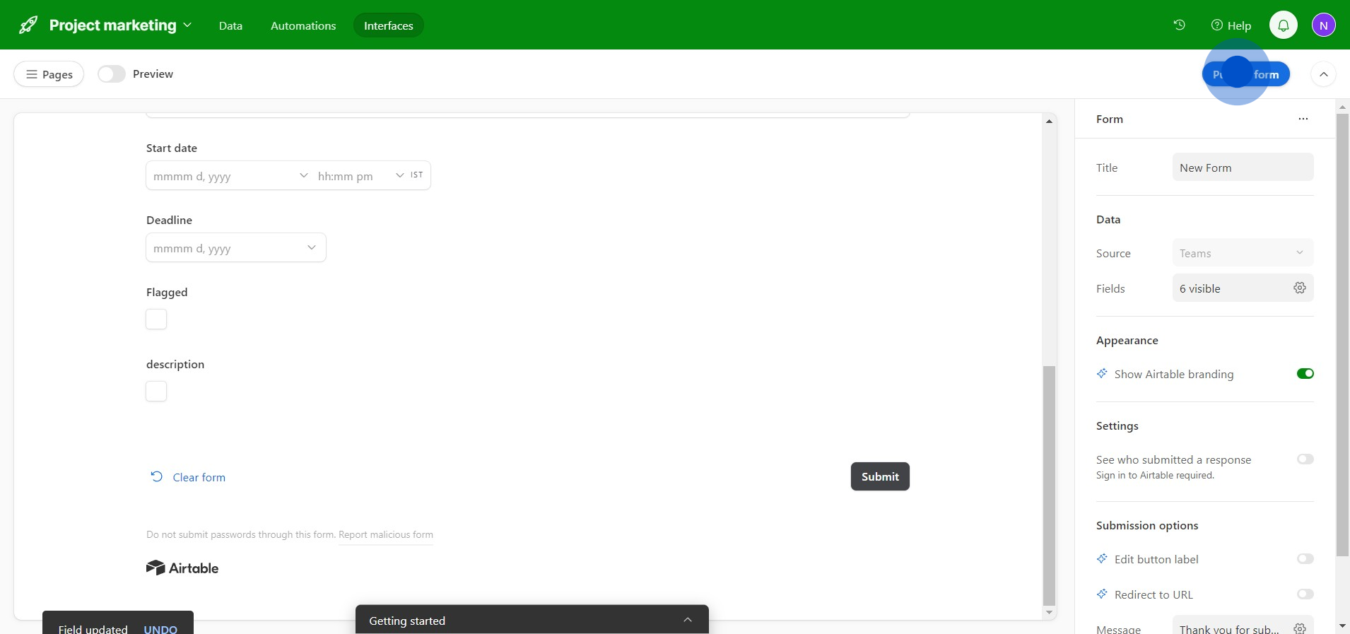 8 Click on "Publish form"
