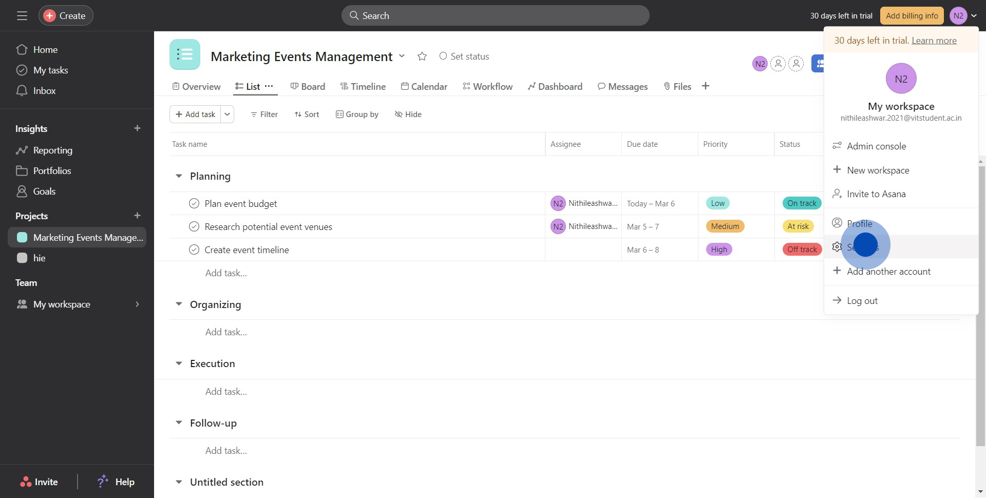2 Click on "Settings"